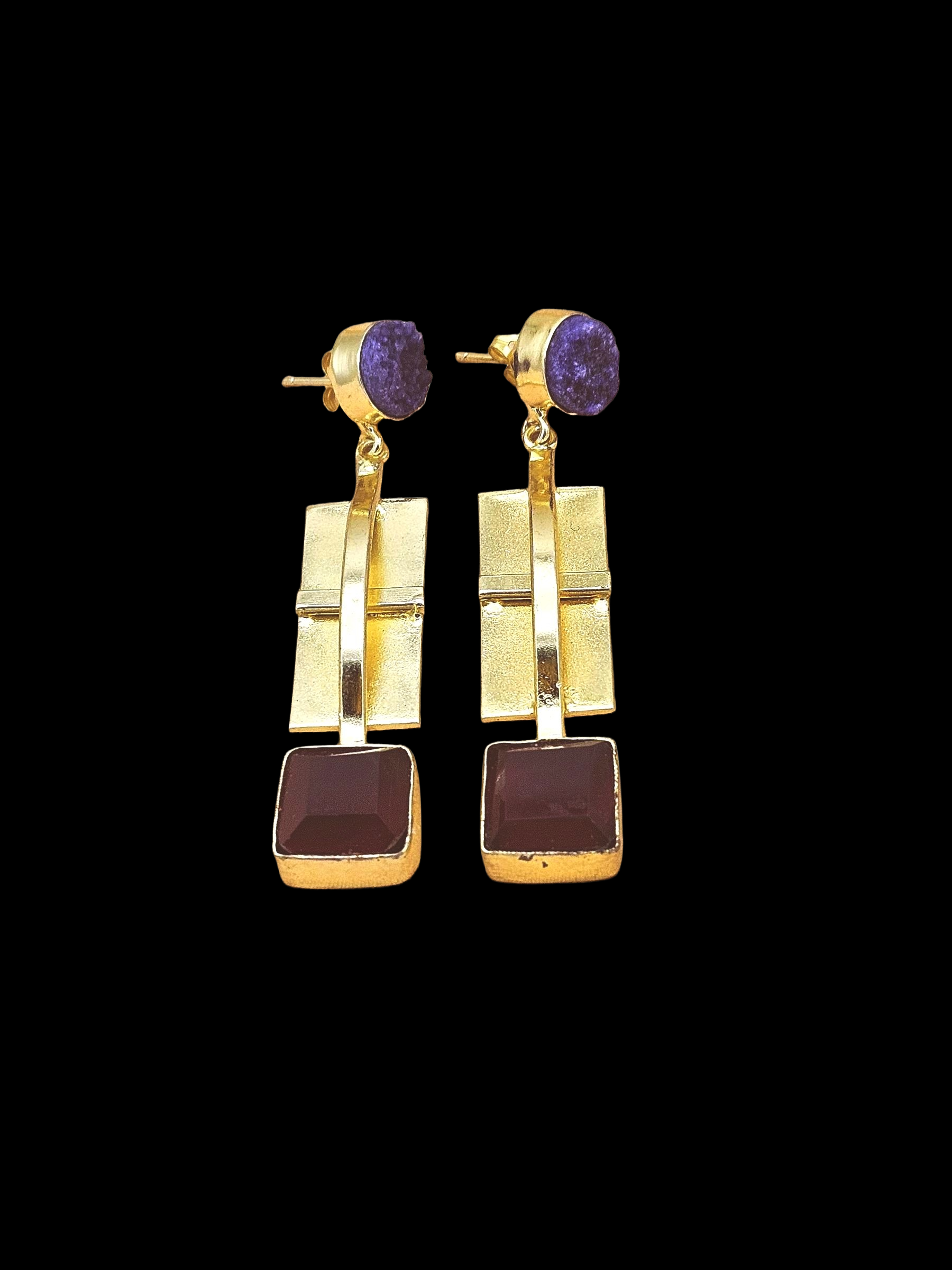 Stylish Gold Plated Red Onyx-Blue Druzy Earrings – Handmade Designer Drops