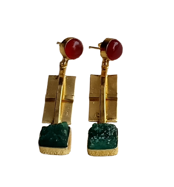 Charming Gold Plated Red Onyx-Green Druzy Dangle Earrings – Elegant Handmade Jewelry