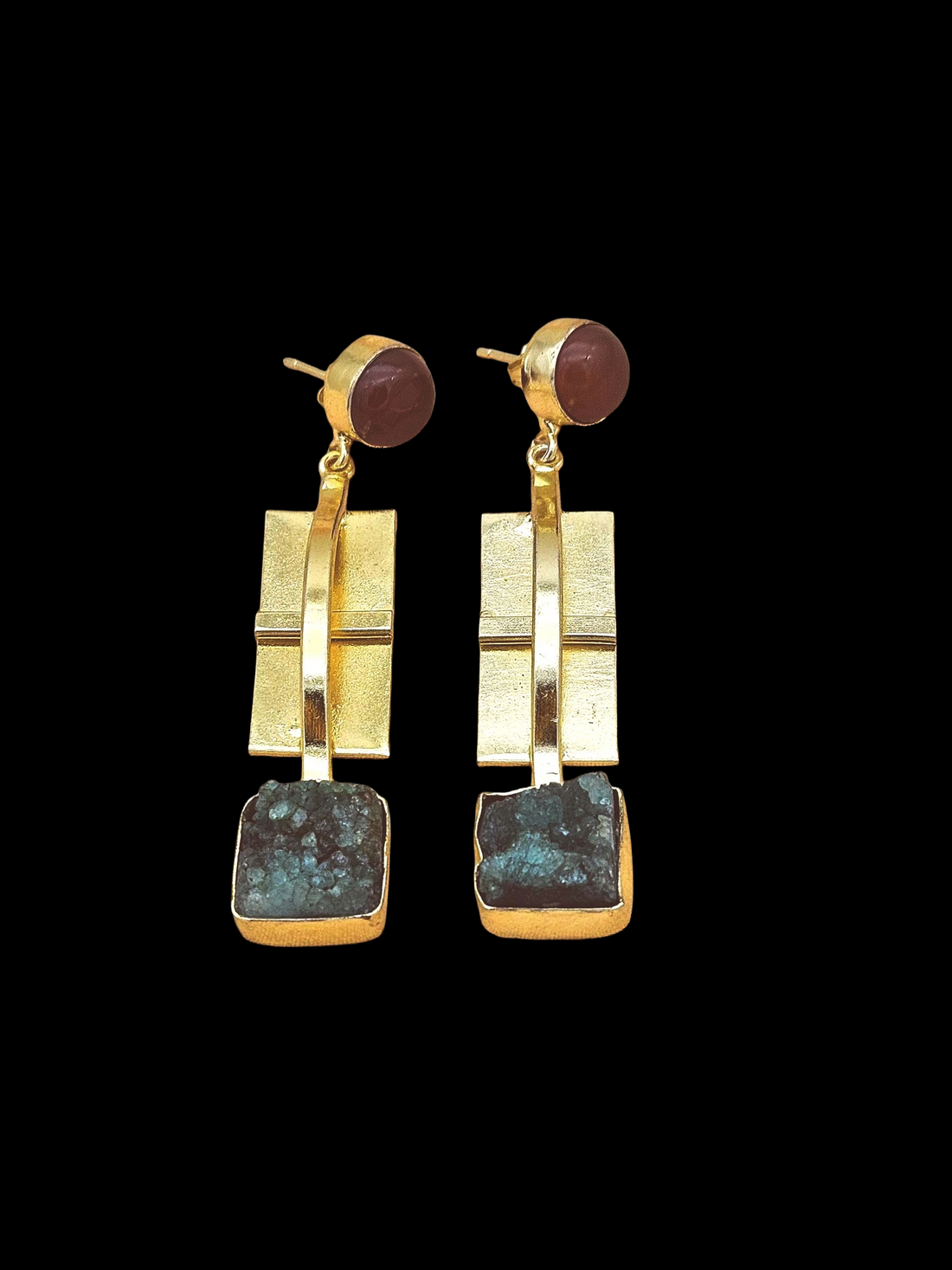 Charming Gold Plated Red Onyx-Green Druzy Dangle Earrings – Elegant Handmade Jewelry