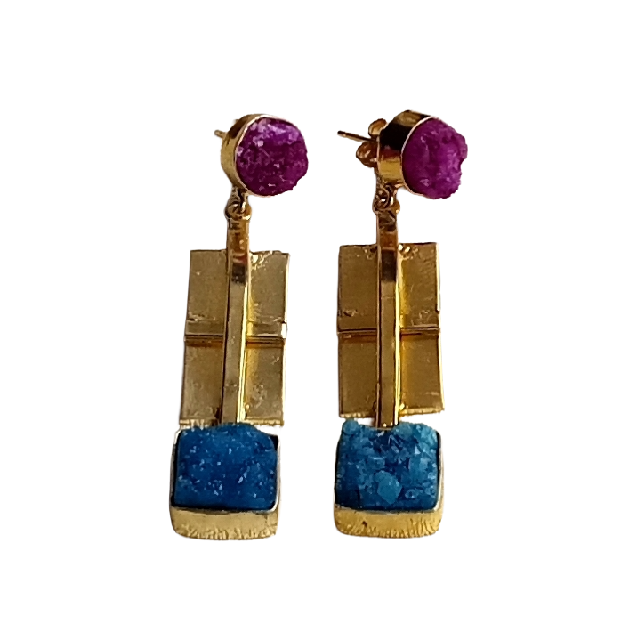 Designer Gold Plated Red & Blue Druzy Earrings  – Handcrafted Dangles