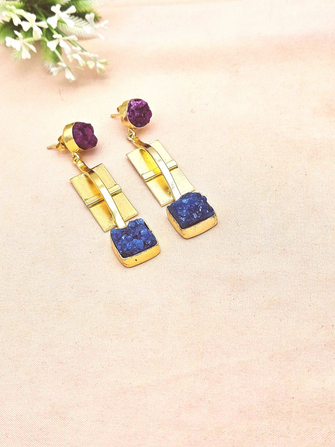 Designer Gold Plated Red & Blue Druzy Earrings  – Handcrafted Dangles