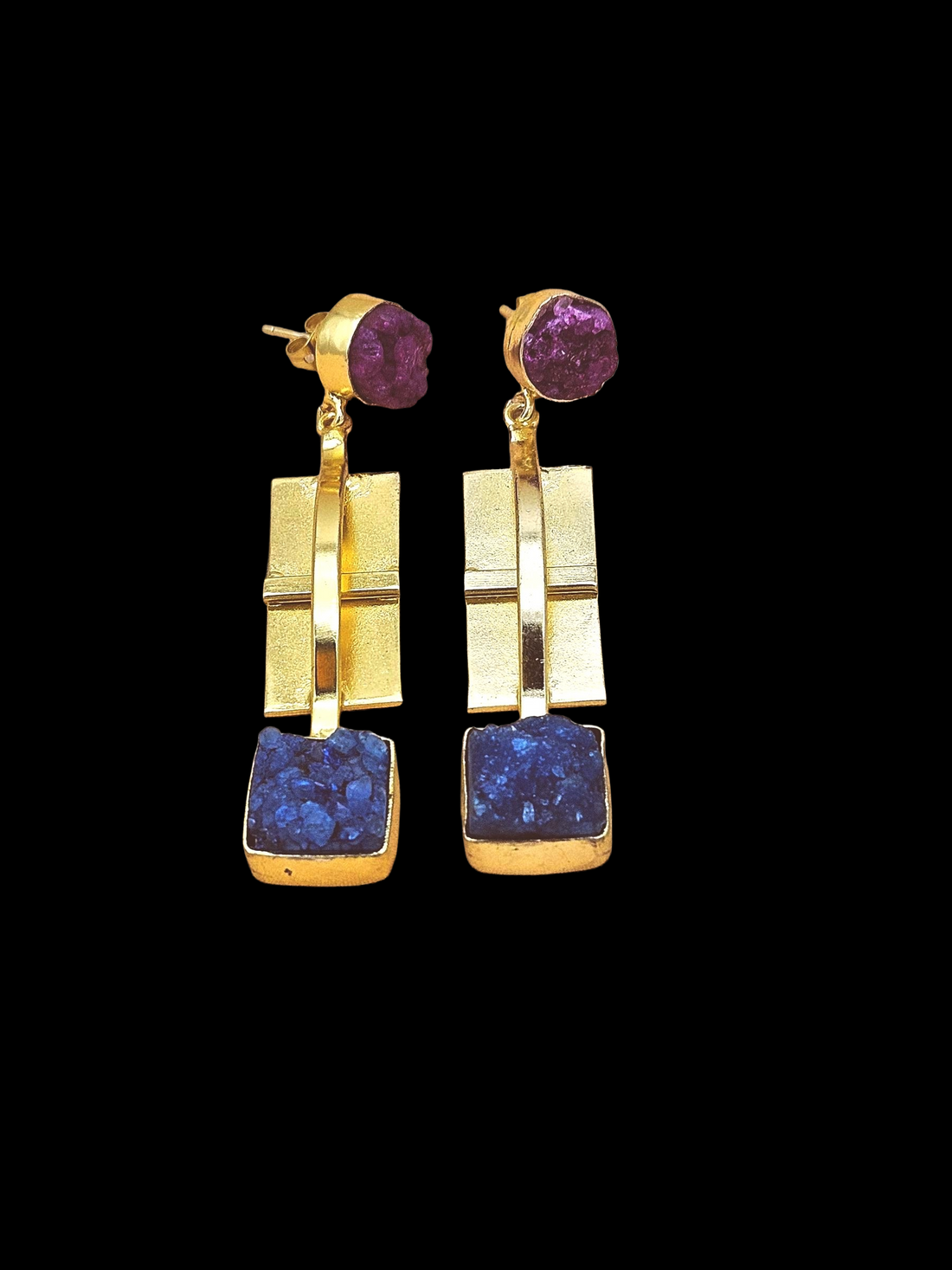 Designer Gold Plated Red & Blue Druzy Earrings  – Handcrafted Dangles