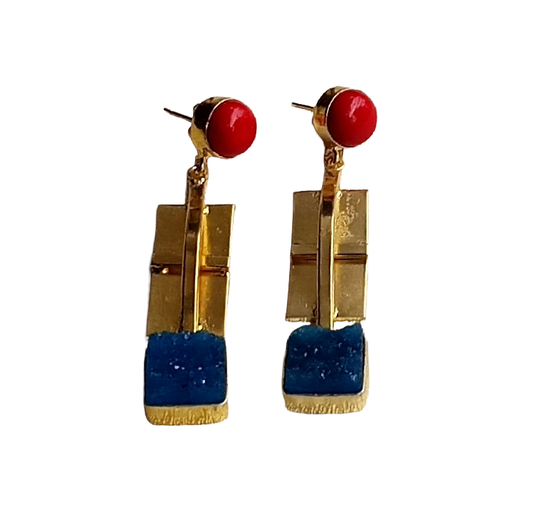 Handmade Gold Plated Coral-Blue Druzy Gemstone Earrings – Fashion Designer Jewelry