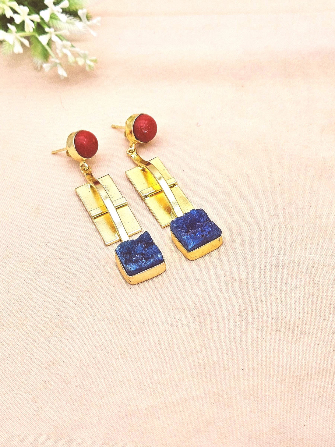 Handmade Gold Plated Coral-Blue Druzy Gemstone Earrings – Fashion Designer Jewelry
