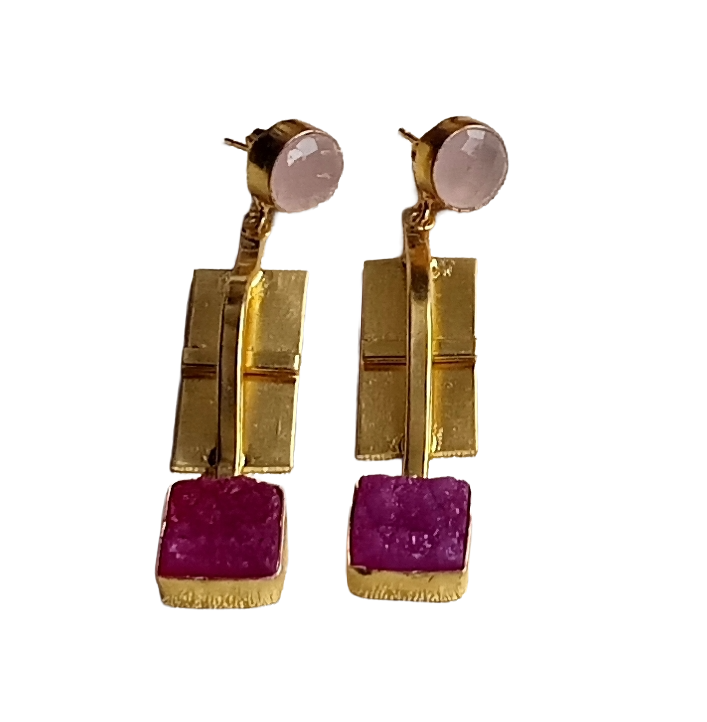 Handmade Gold Plated Rose Quartz-Red Druzy Gemstone Earrings – Fashion Designer Jewelry