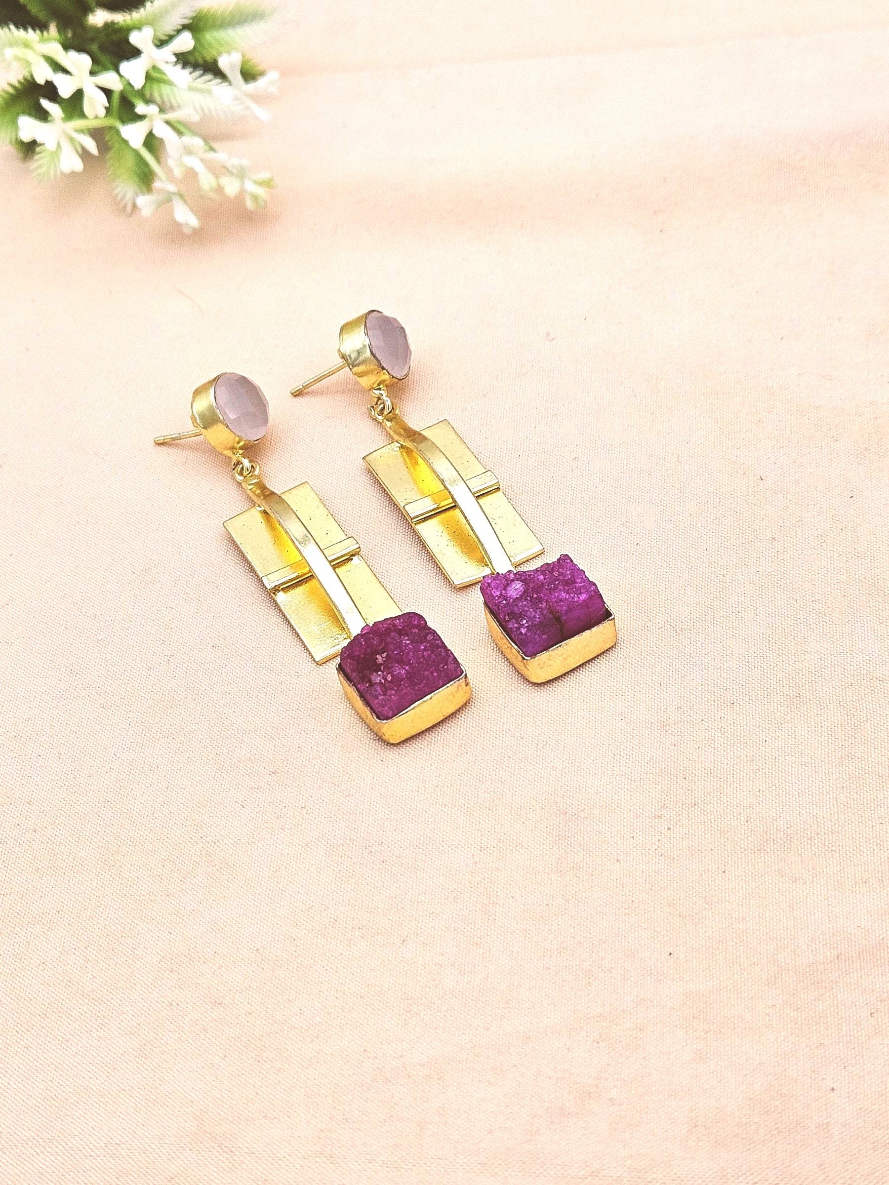 Handmade Gold Plated Rose Quartz-Red Druzy Gemstone Earrings – Fashion Designer Jewelry