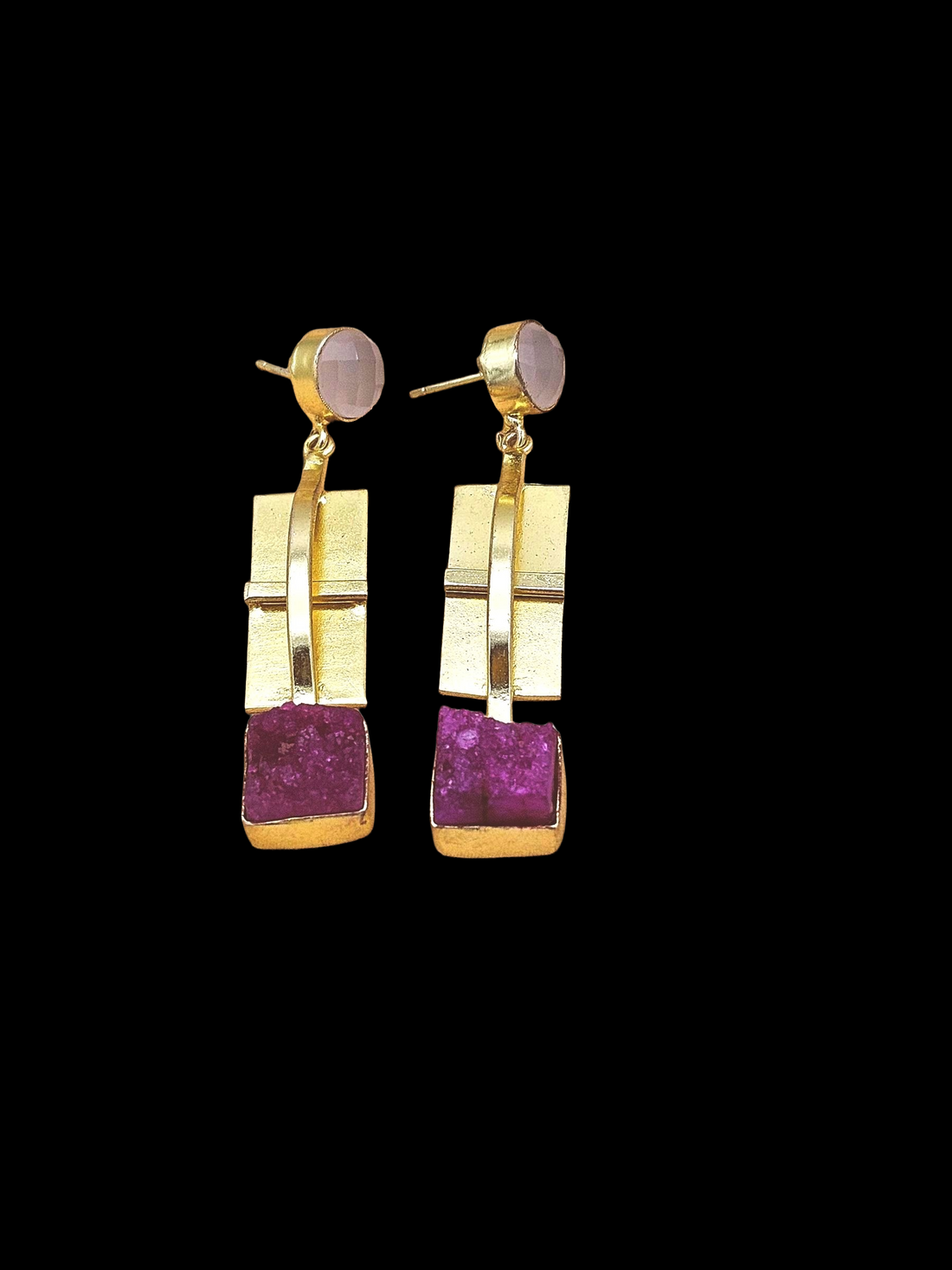 Handmade Gold Plated Rose Quartz-Red Druzy Gemstone Earrings – Fashion Designer Jewelry