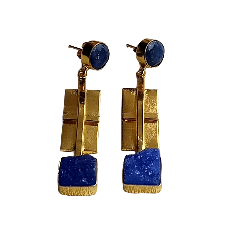 Handmade Gold Plated Lapis-Blue Druzy Gemstone Earrings – Fashion Designer Jewelry