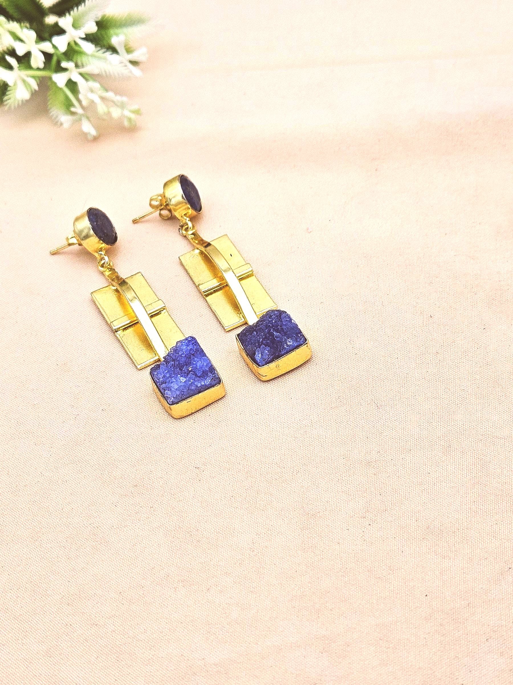 Handmade Gold Plated Lapis-Blue Druzy Gemstone Earrings – Fashion Designer Jewelry