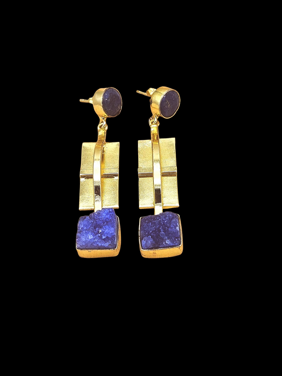 Handmade Gold Plated Lapis-Blue Druzy Gemstone Earrings – Fashion Designer Jewelry