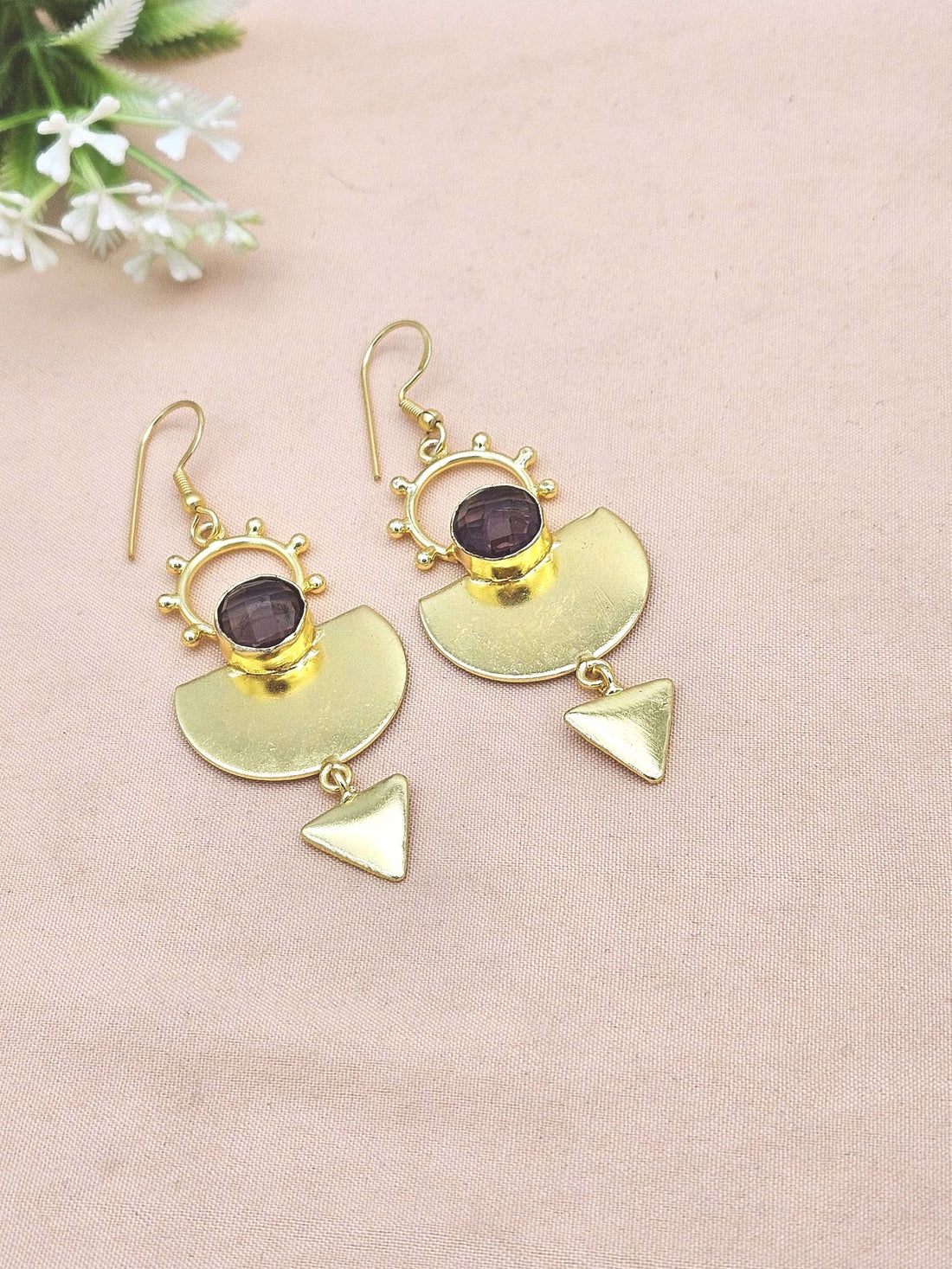 Handmade Gold Plated Faceted Amethyst Gemstone Earrings – Lightweight Designer Dangle Jewelry for Women