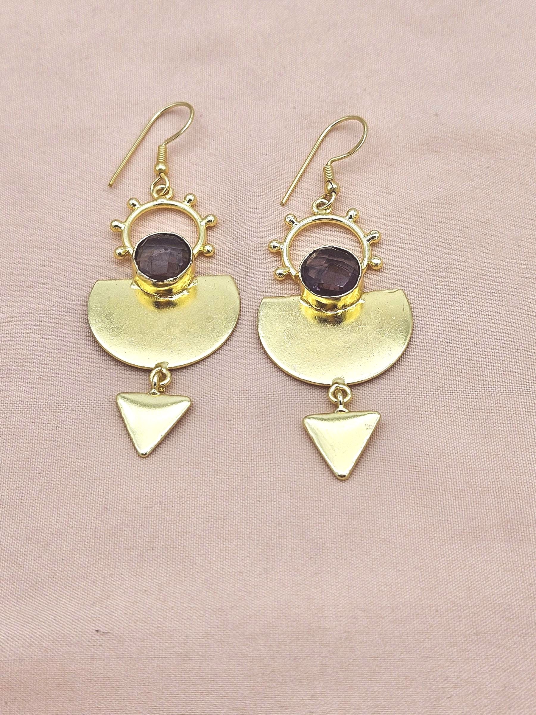 Handmade Gold Plated Faceted Amethyst Gemstone Earrings – Lightweight Designer Dangle Jewelry for Women