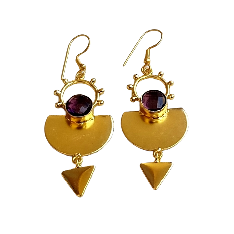 Handmade Gold Plated Faceted Amethyst Gemstone Earrings – Lightweight Designer Dangle Jewelry for Women