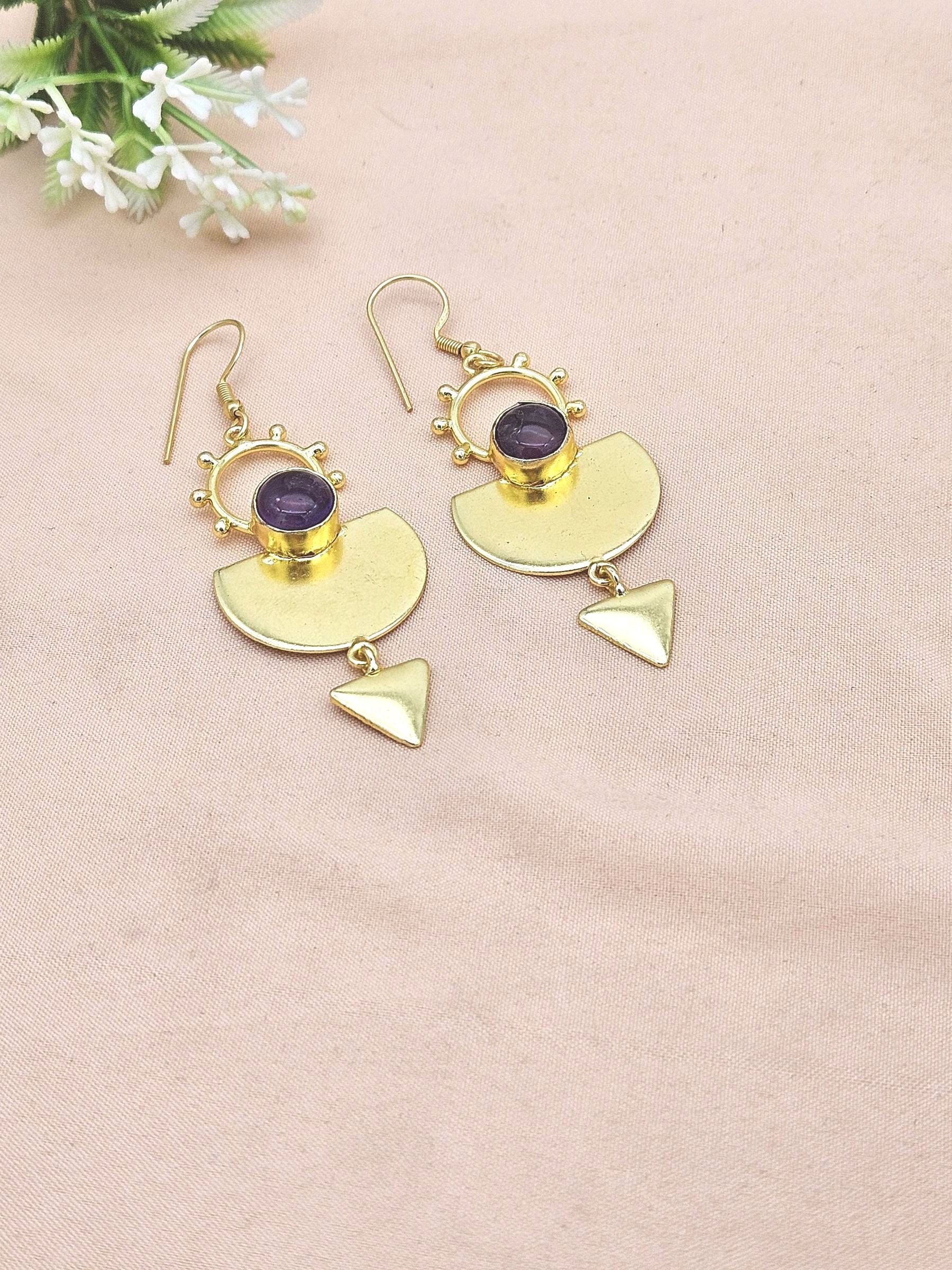 Handmade Gold Plated Amethyst Gemstone Earrings – Lightweight Designer Dangle Jewelry for Women