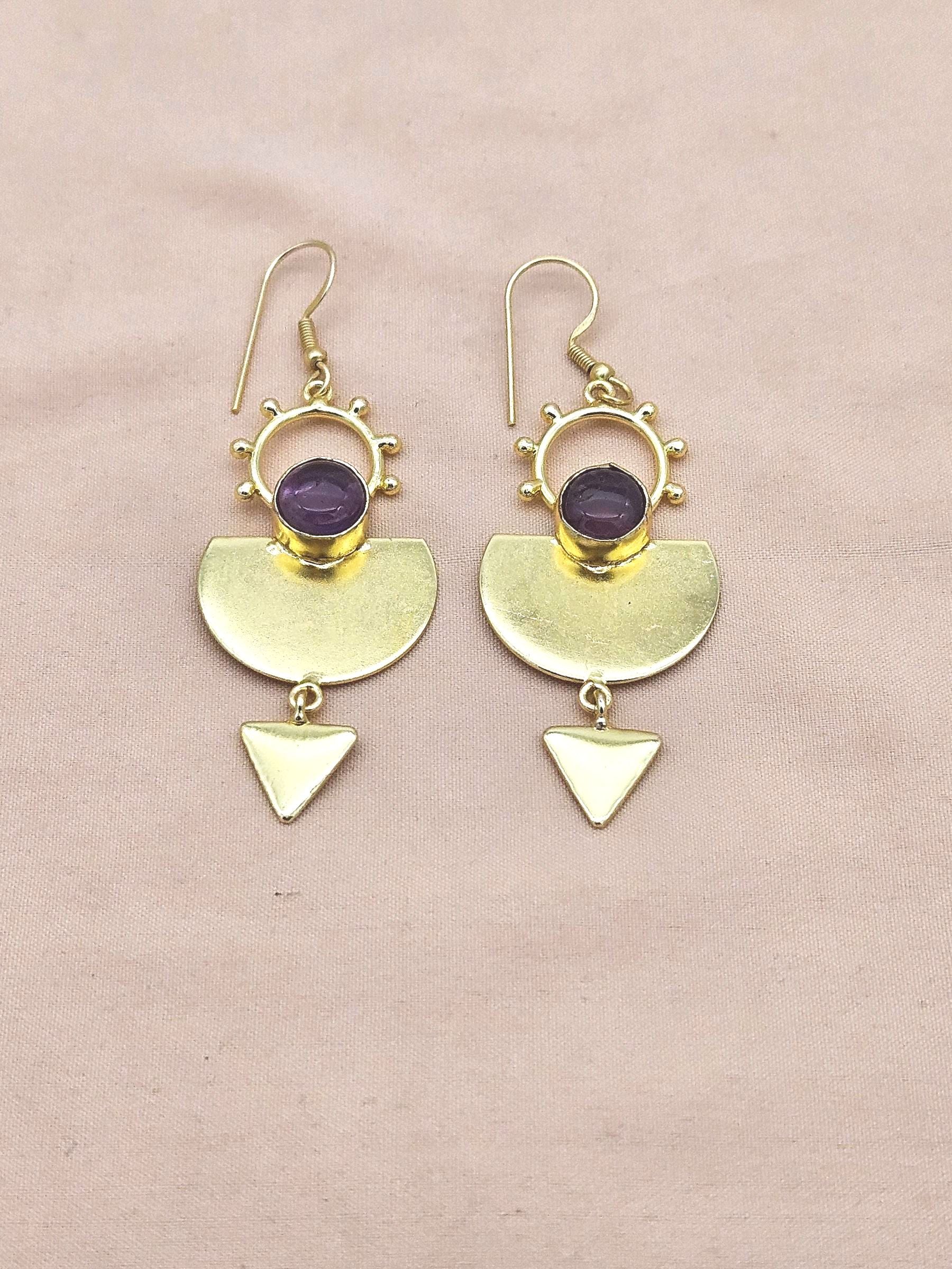 Handmade Gold Plated Amethyst Gemstone Earrings – Lightweight Designer Dangle Jewelry for Women