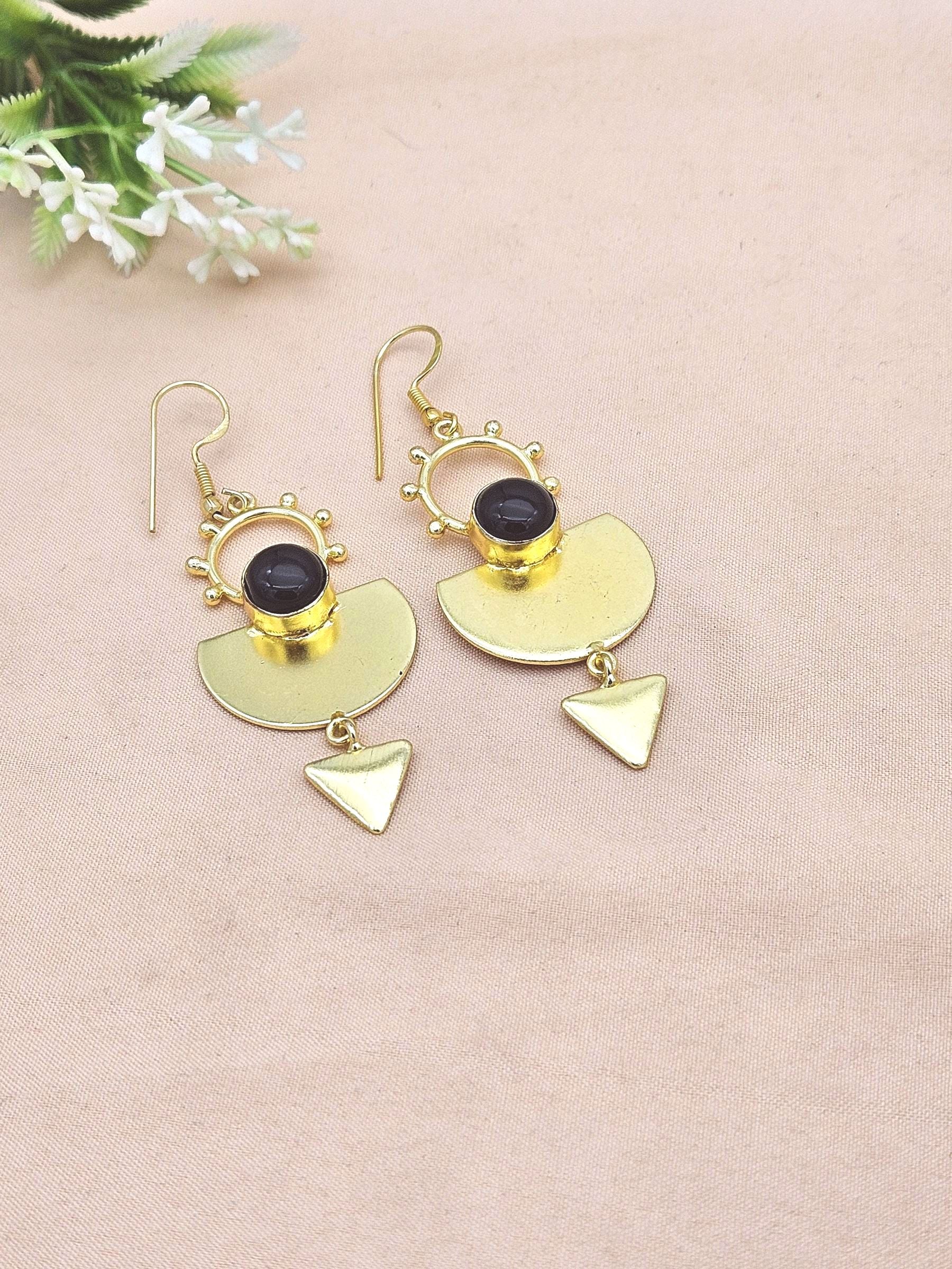 Handmade Gold Plated Black Onyx Gemstone Earrings – Lightweight Designer Dangle Jewelry for Women