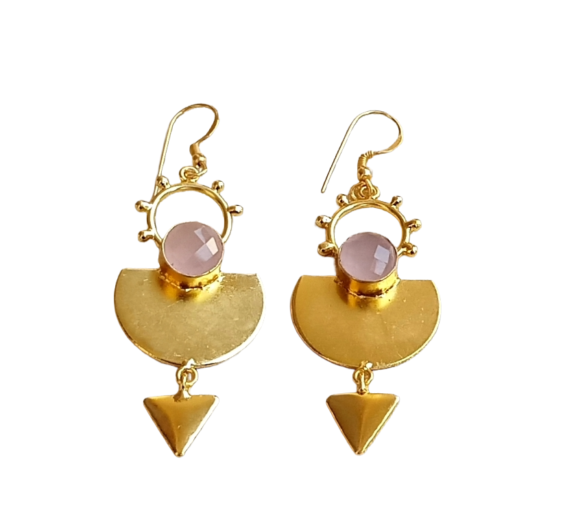 Handmade Gold Plated Rose Quartz Gemstone Earrings – Lightweight Designer Dangle Jewelry for Women