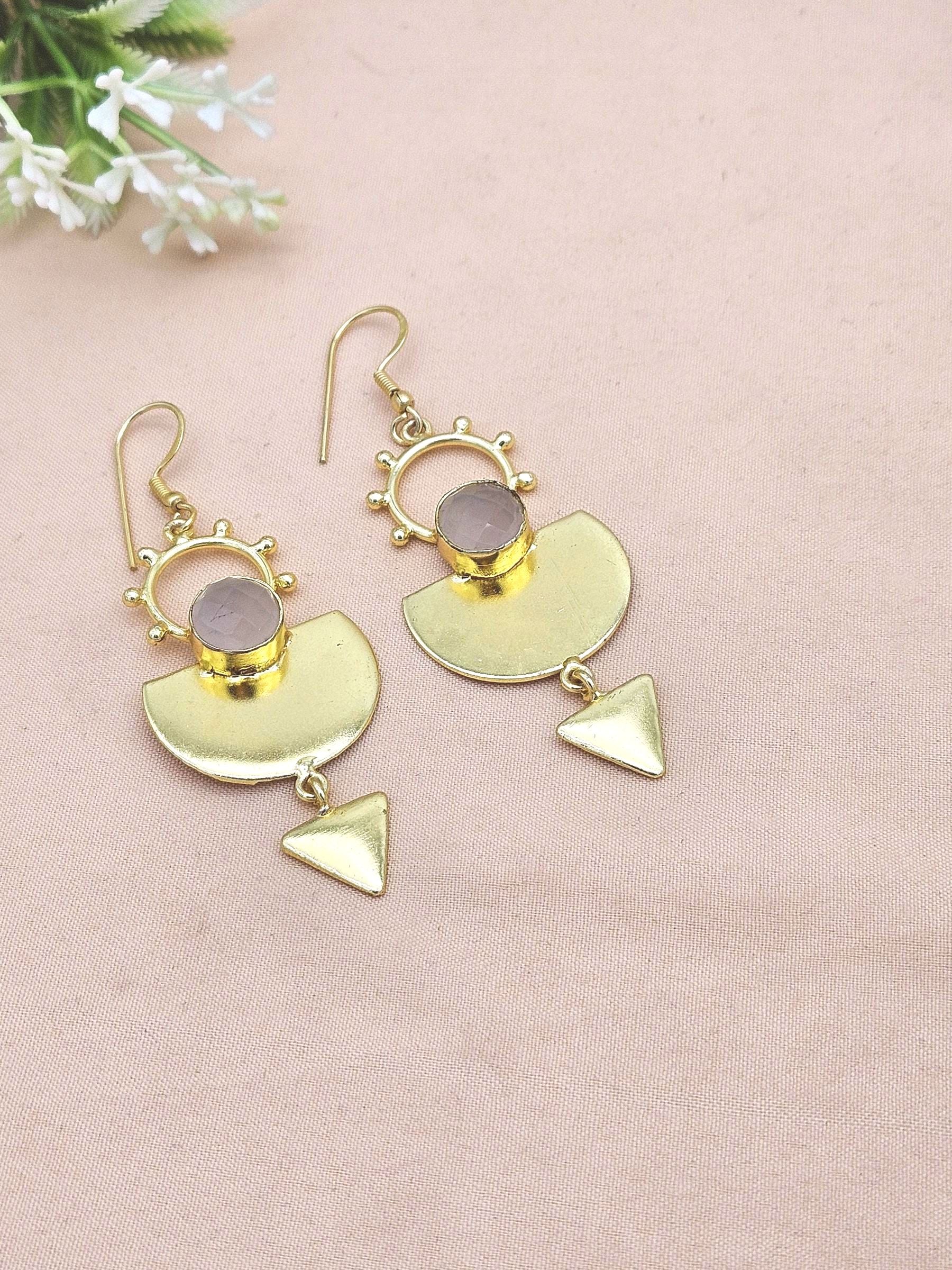 Handmade Gold Plated Rose Quartz Gemstone Earrings – Lightweight Designer Dangle Jewelry for Women