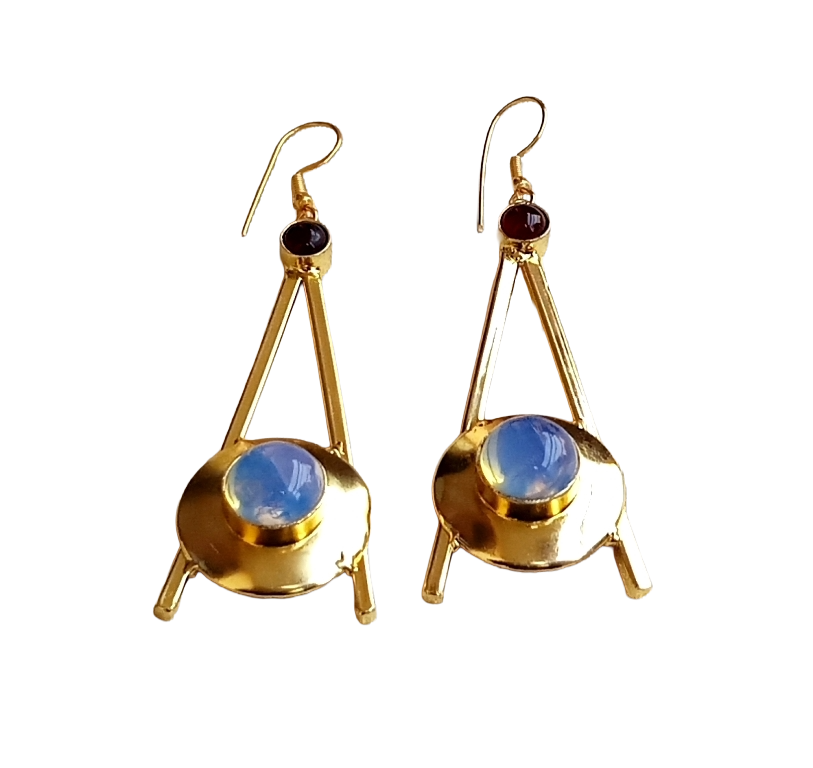 Gold Plated Synthetic Opal & Red Onyx Dangle Earrings – Handmade Elegant Designer Jewelry for Women