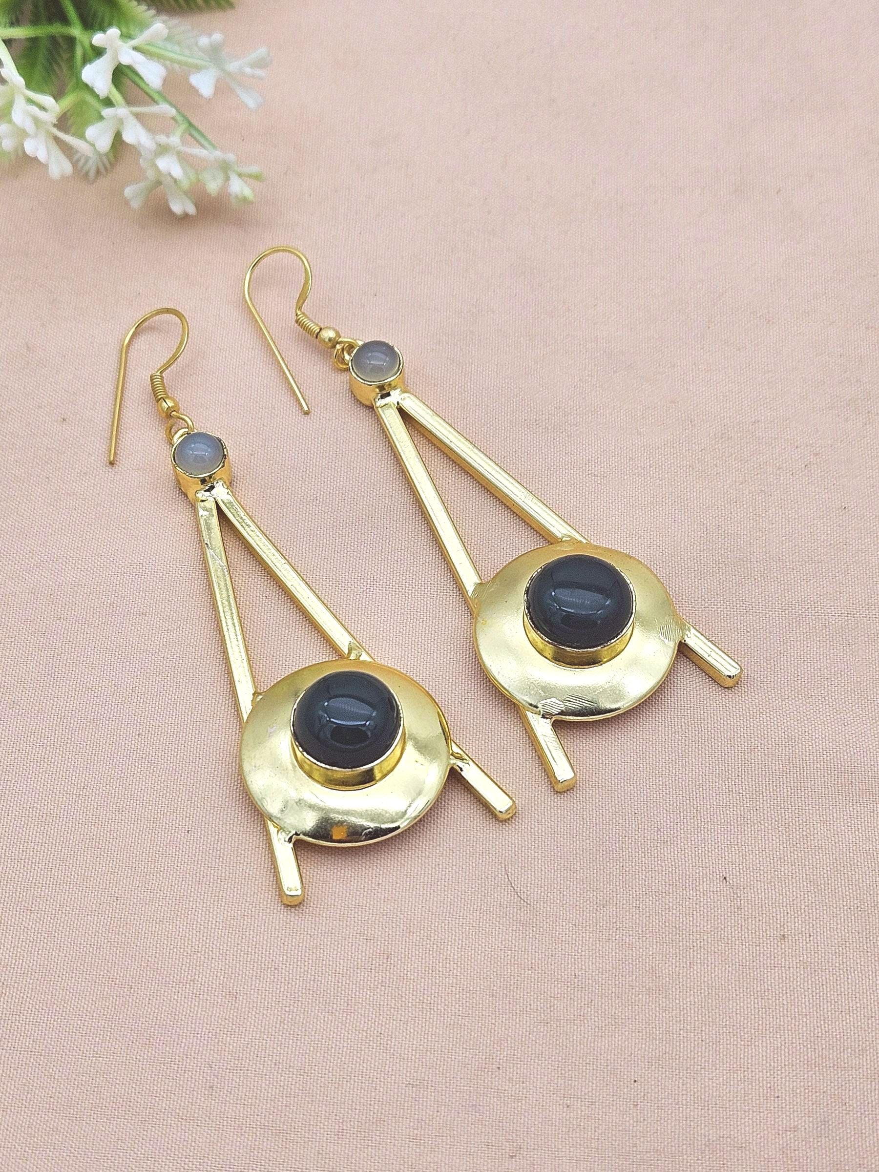 Gold Plated Green Onyx-Chalcedony Dangle Earrings – Handmade Elegant Designer Jewelry for Women