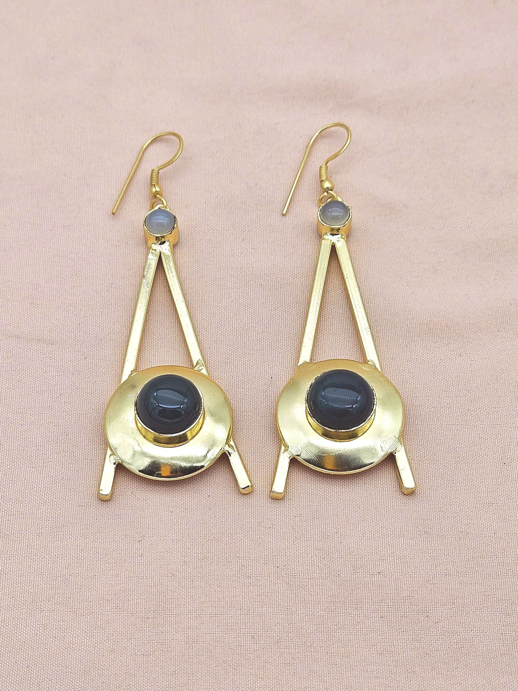 Gold Plated Green Onyx-Chalcedony Dangle Earrings – Handmade Elegant Designer Jewelry for Women
