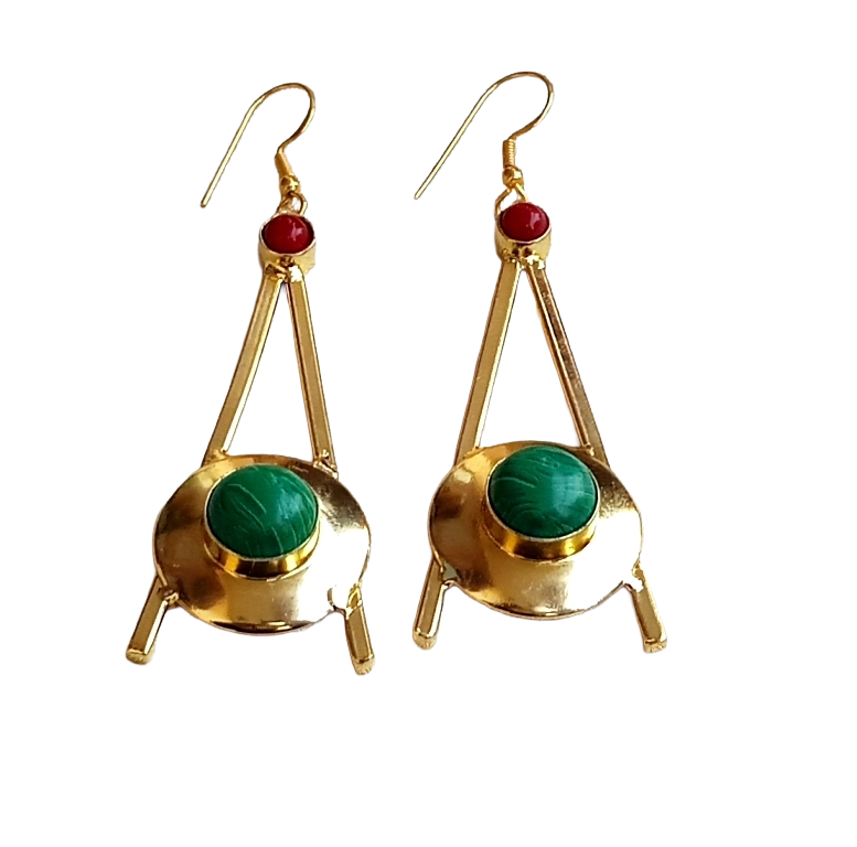 Gold Plated Synthetic Malachite-Red Glass Dangle Earrings – Handmade Elegant Designer Jewelry for Women