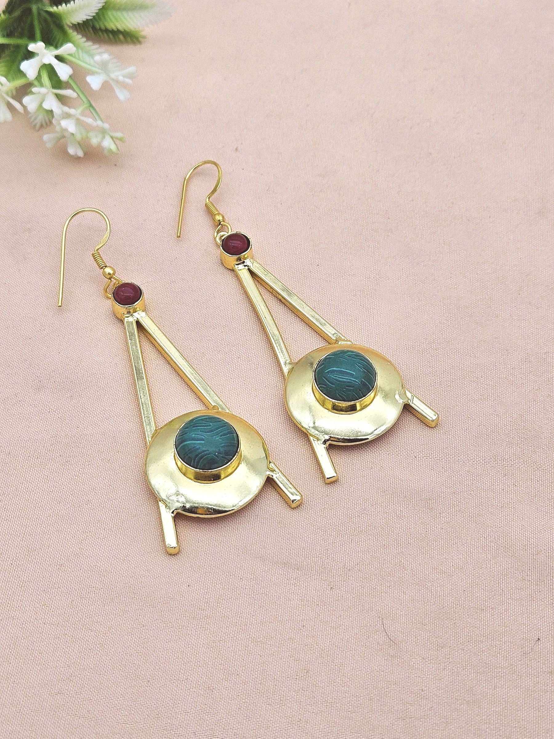 Gold Plated Synthetic Malachite-Red Glass Dangle Earrings – Handmade Elegant Designer Jewelry for Women