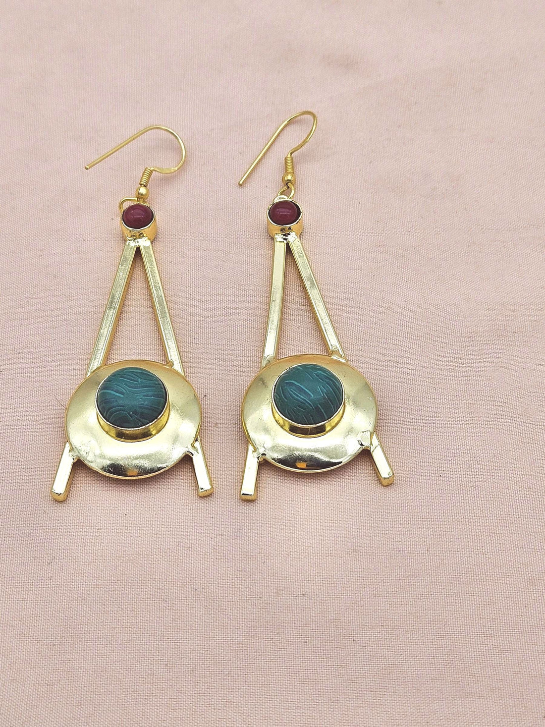 Gold Plated Synthetic Malachite-Red Glass Dangle Earrings – Handmade Elegant Designer Jewelry for Women
