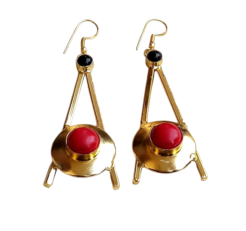 Gold Plated Coral Black Onyx Dangle Earrings – Handmade Elegant Designer Jewelry for Women