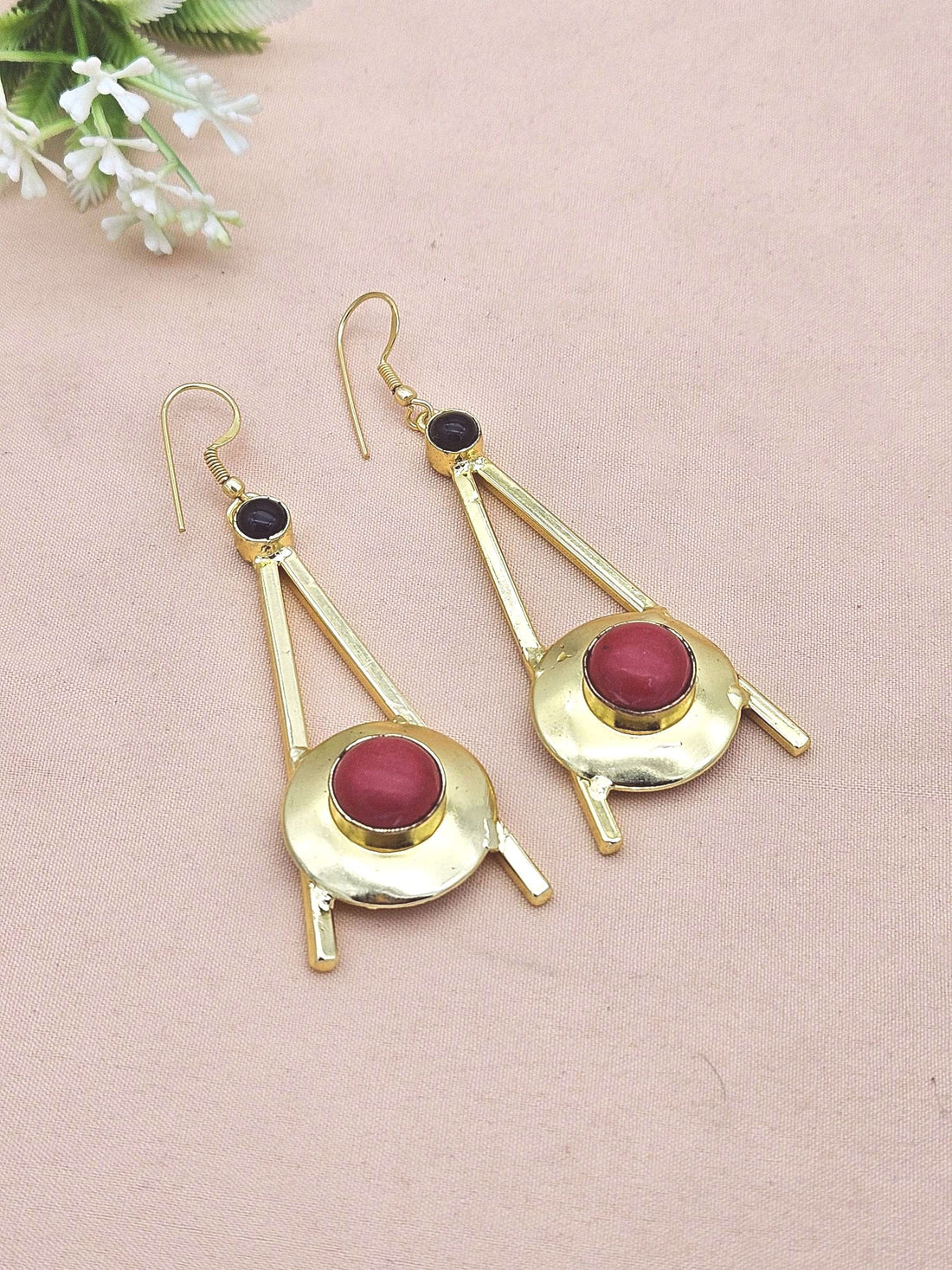 Gold Plated Coral Black Onyx Dangle Earrings – Handmade Elegant Designer Jewelry for Women
