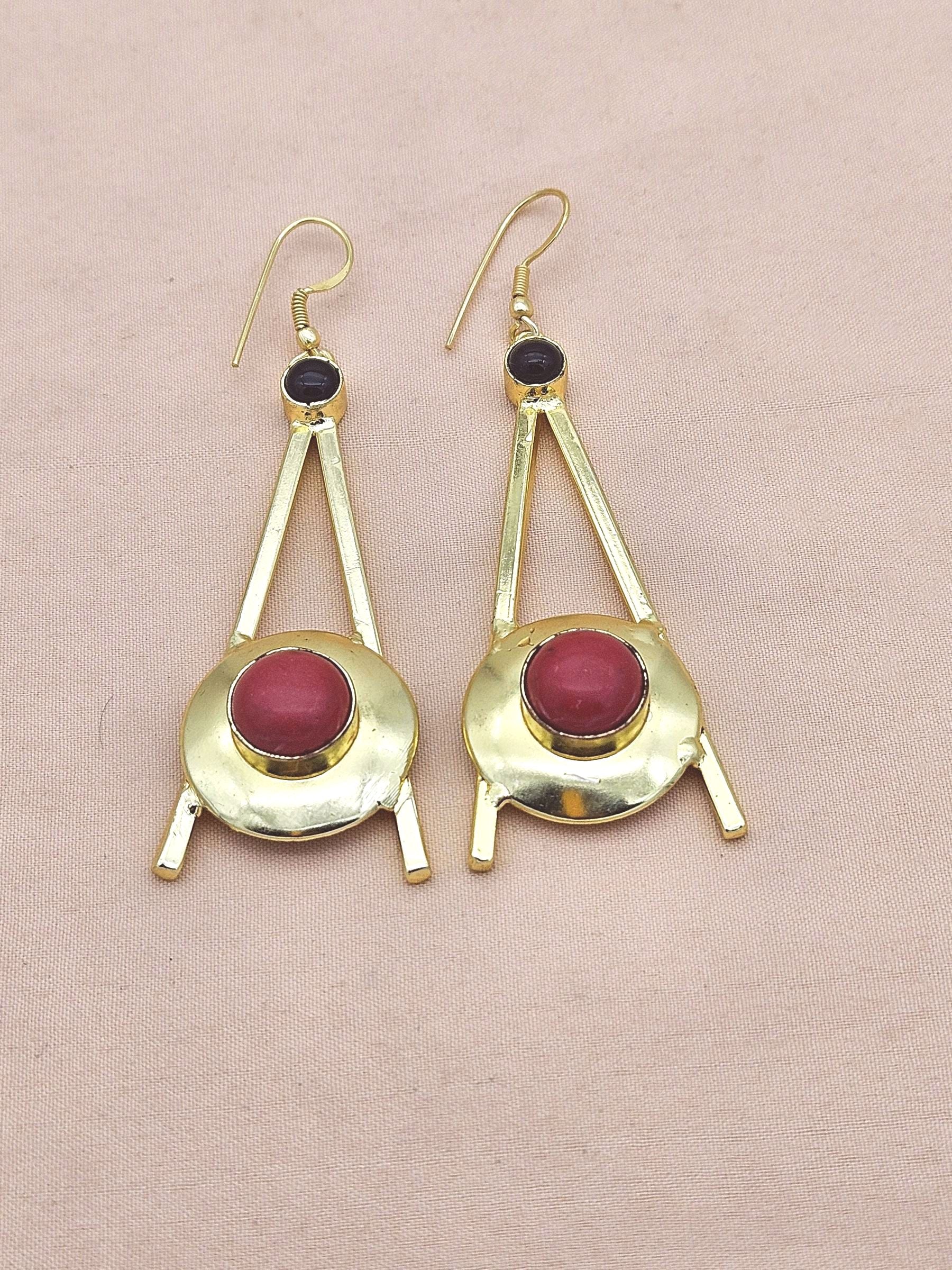 Gold Plated Coral Black Onyx Dangle Earrings – Handmade Elegant Designer Jewelry for Women