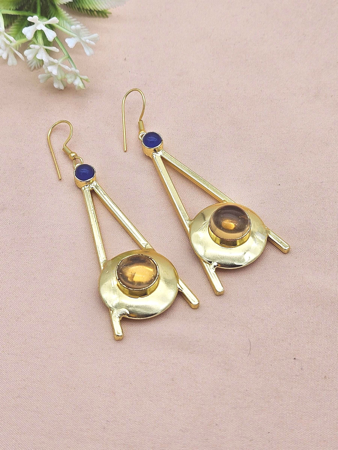 Gold Plated Blue Onyx-Yellow Glass Dangle Earrings – Handmade Elegant Designer Jewelry for Women