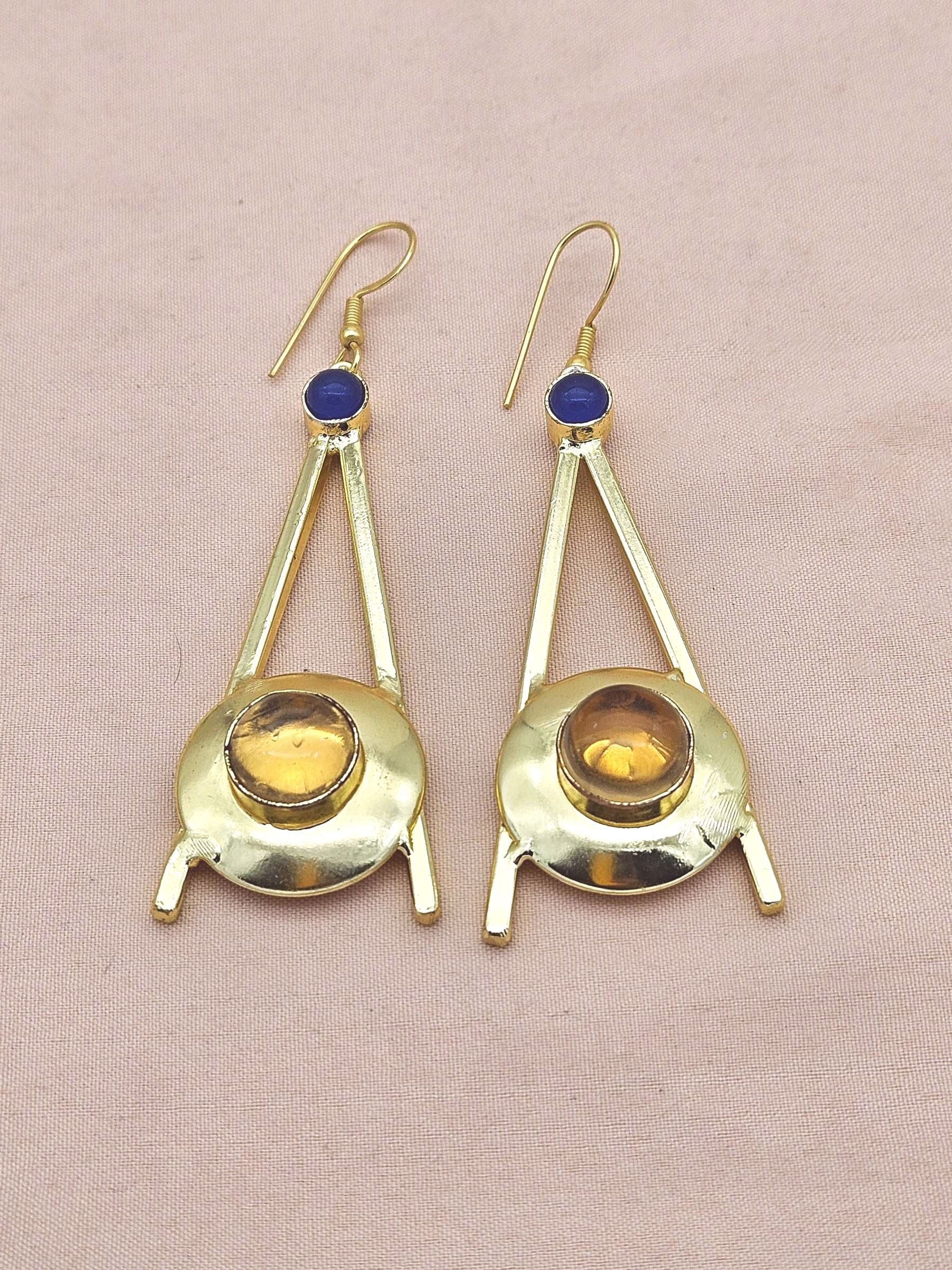 Gold Plated Blue Onyx-Yellow Glass Dangle Earrings – Handmade Elegant Designer Jewelry for Women
