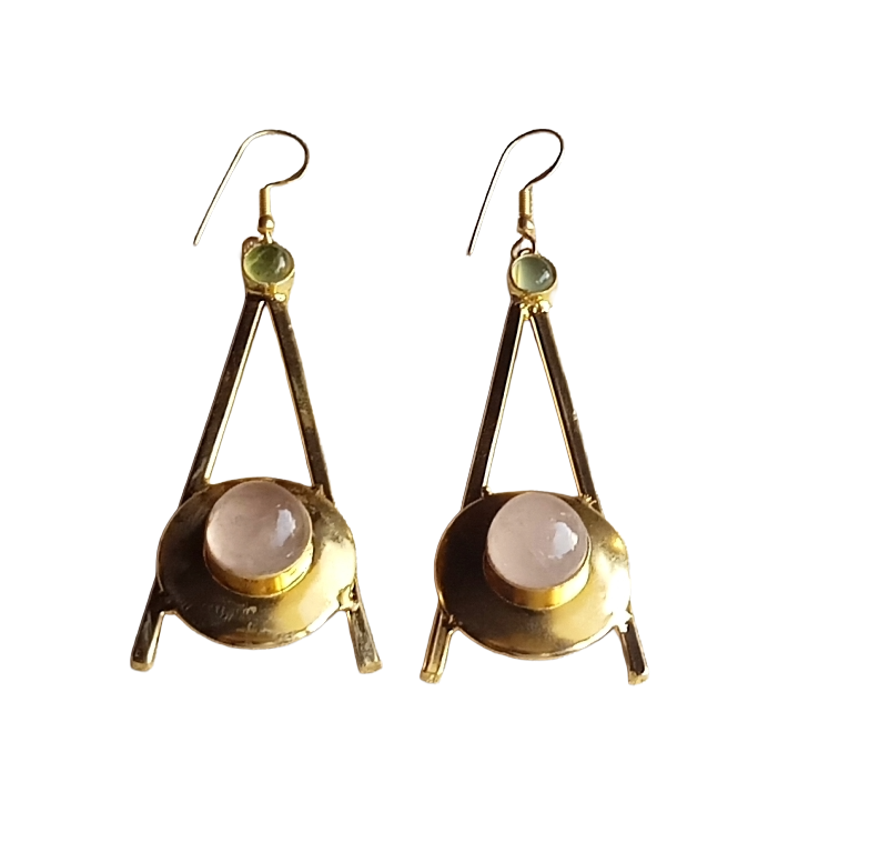 Gold Plated Prehnite-Rose Quartz Dangle Earrings – Handmade Elegant Designer Jewelry for Women