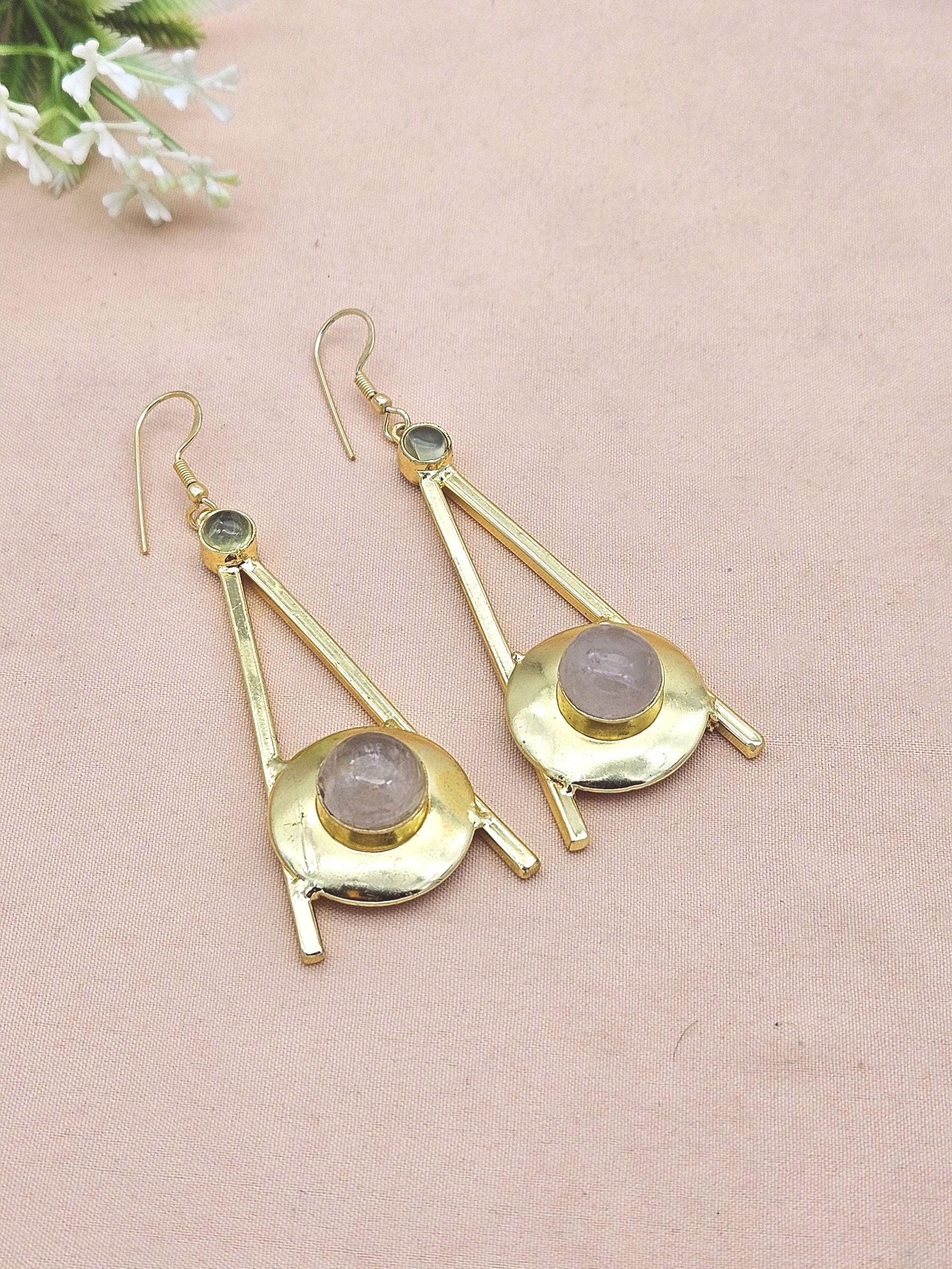 Gold Plated Prehnite-Rose Quartz Dangle Earrings – Handmade Elegant Designer Jewelry for Women