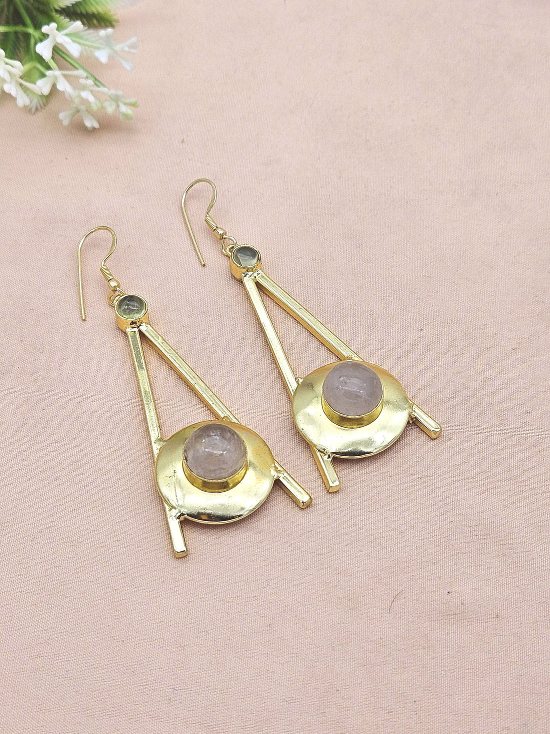 Gold Plated Prehnite-Rose Quartz Dangle Earrings – Handmade Elegant Designer Jewelry for Women