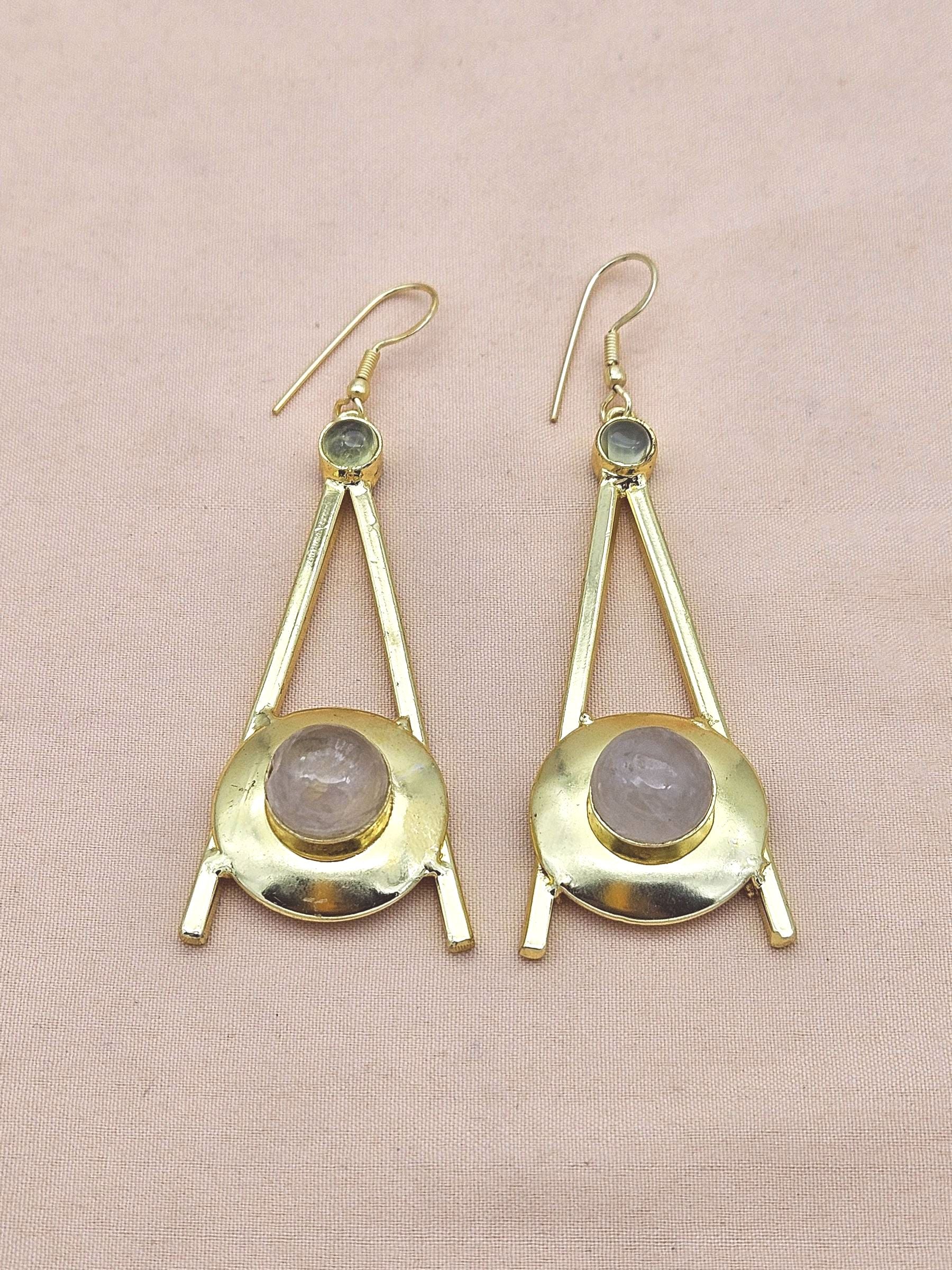 Gold Plated Prehnite-Rose Quartz Dangle Earrings – Handmade Elegant Designer Jewelry for Women