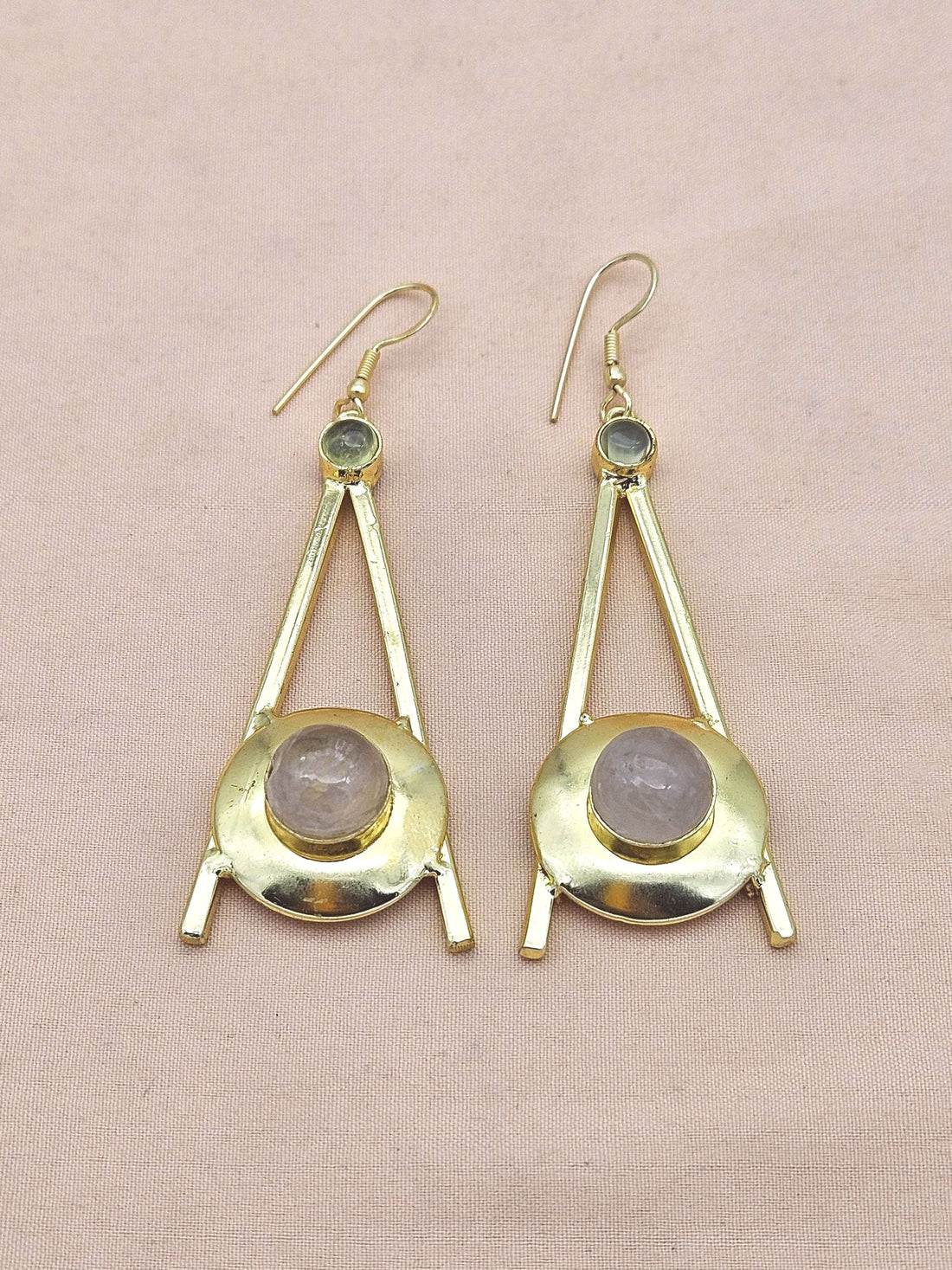Gold Plated Prehnite-Rose Quartz Dangle Earrings – Handmade Elegant Designer Jewelry for Women