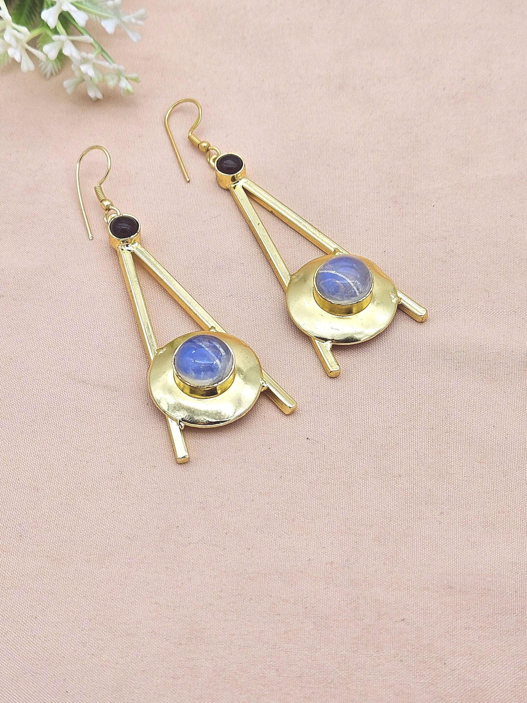Gold Plated Synthetic Opal & Red Onyx Dangle Earrings – Handmade Elegant Designer Jewelry for Women