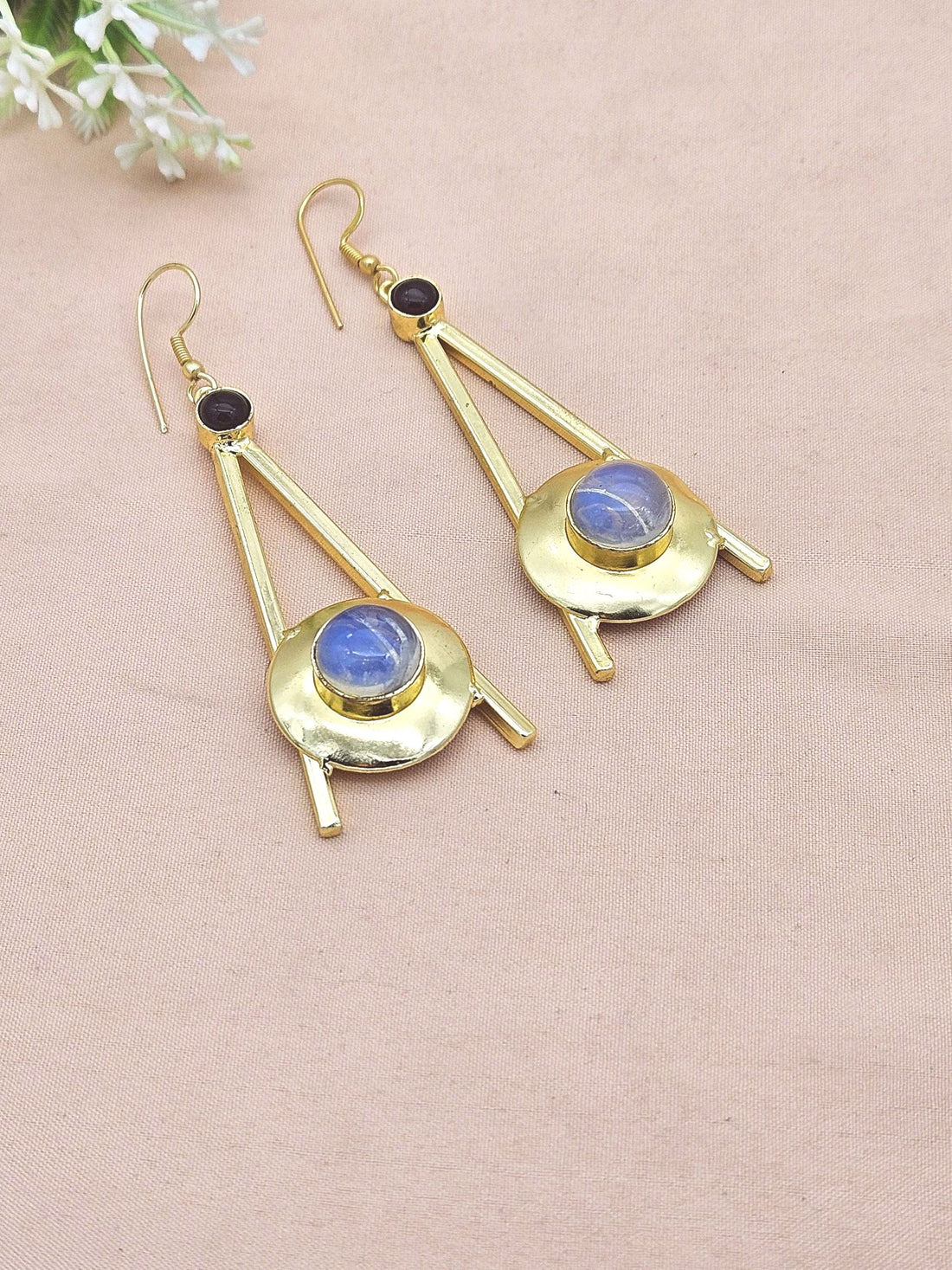 Gold Plated Synthetic Opal & Red Onyx Dangle Earrings – Handmade Elegant Designer Jewelry for Women