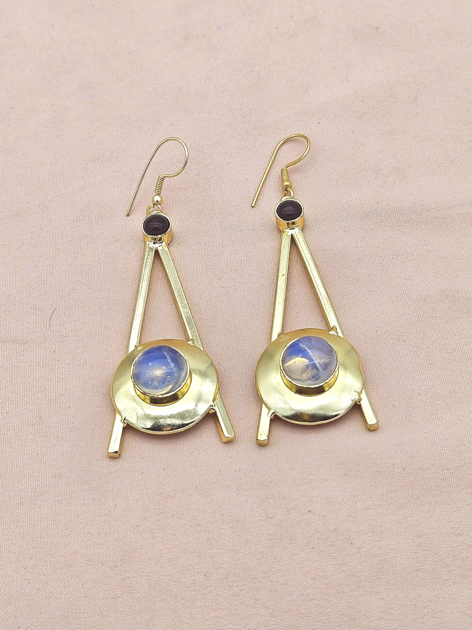 Gold Plated Synthetic Opal & Red Onyx Dangle Earrings – Handmade Elegant Designer Jewelry for Women