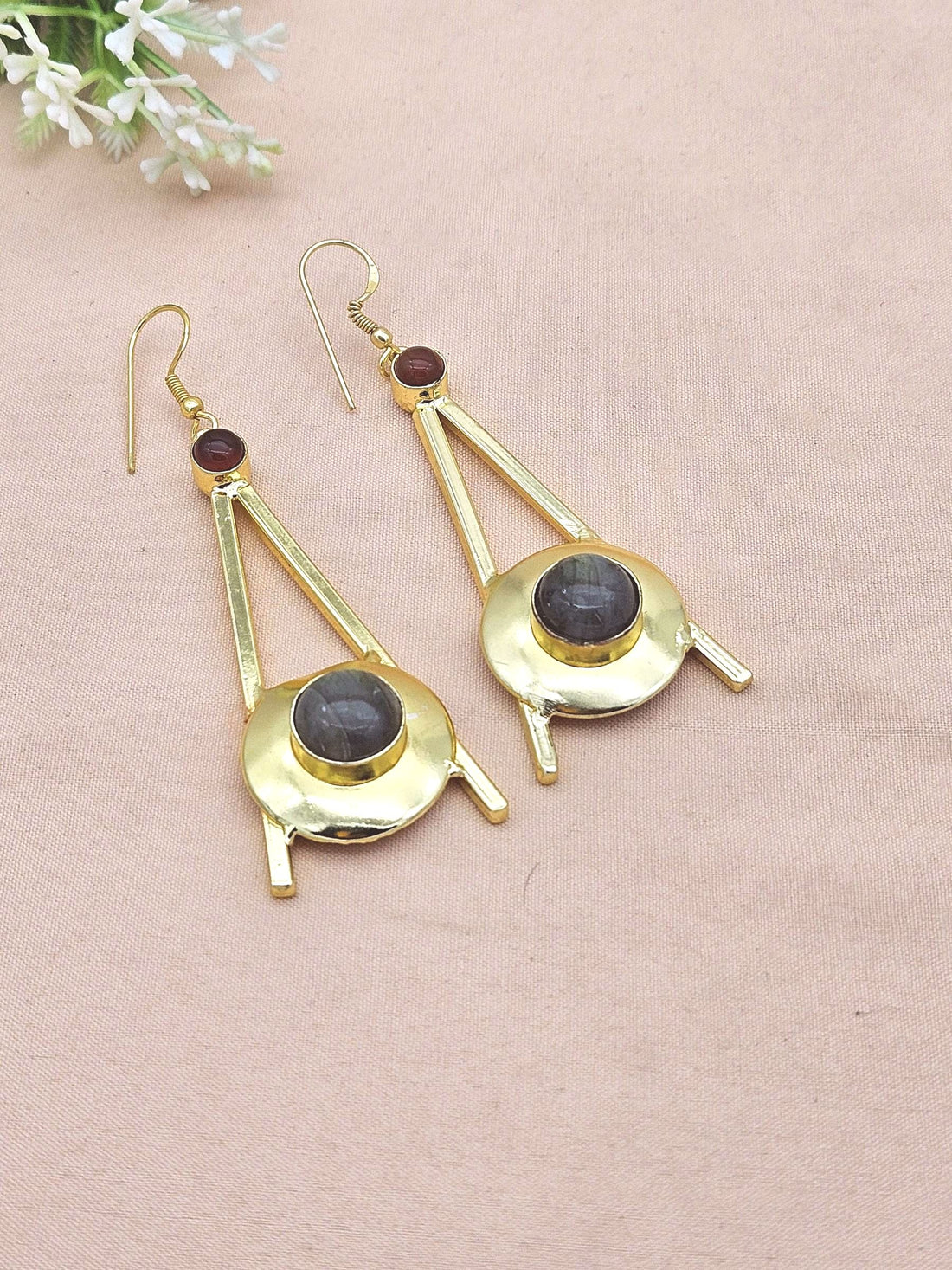 Gold Plated Labradorite Red Onyx Dangle Earrings – Handmade Elegant Designer Jewelry for Women