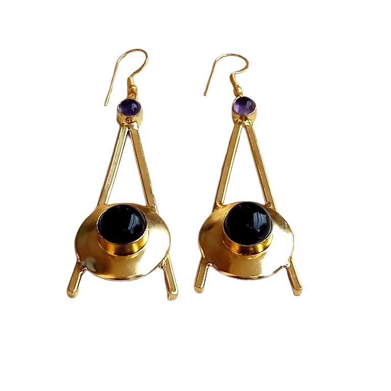 Gold Plated Black Onyx Amethyst Dangle Earrings – Handmade Elegant Designer Jewelry for Women