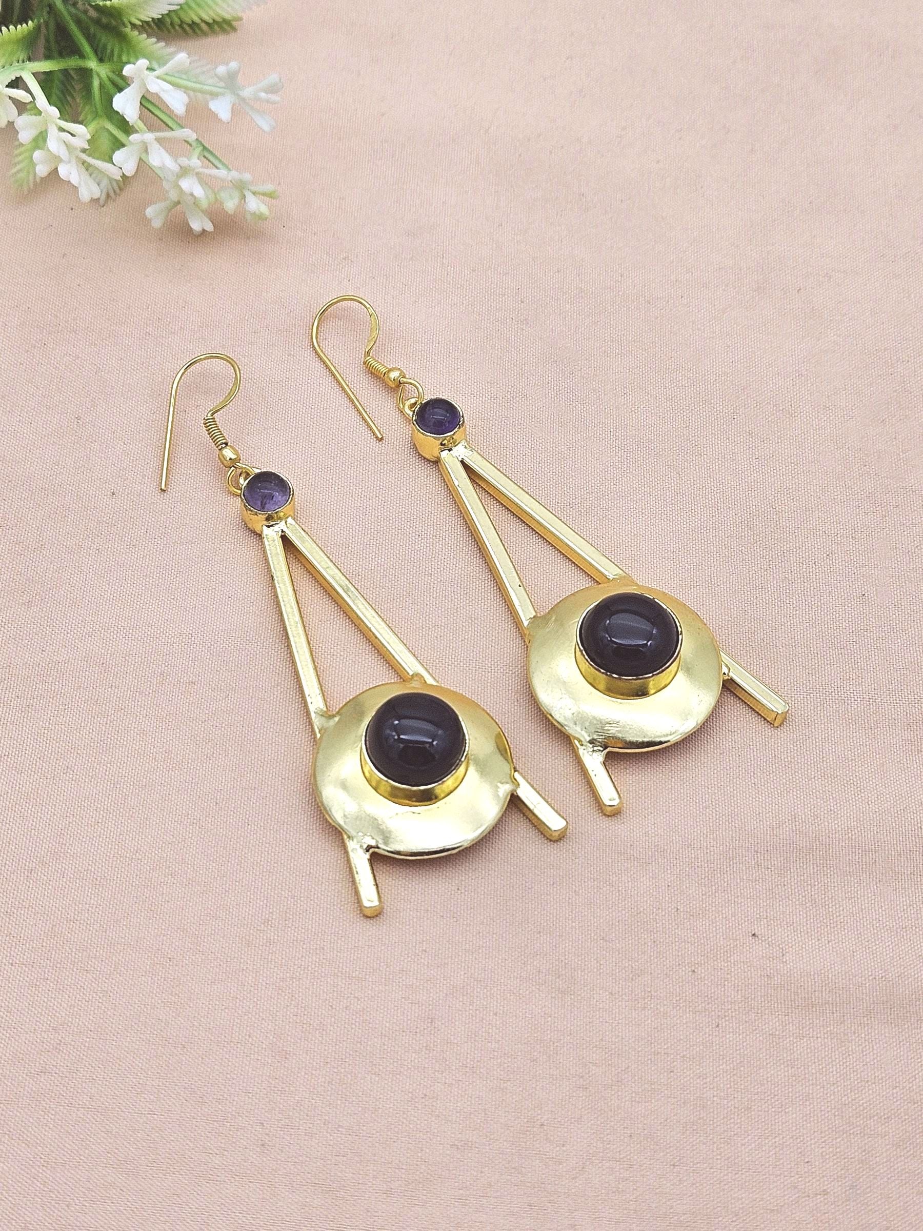 Gold Plated Black Onyx Amethyst Dangle Earrings – Handmade Elegant Designer Jewelry for Women