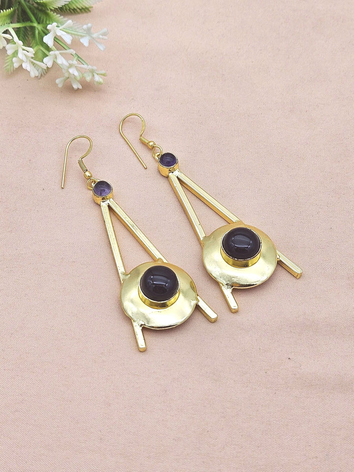 Gold Plated Black Onyx Amethyst Dangle Earrings – Handmade Elegant Designer Jewelry for Women