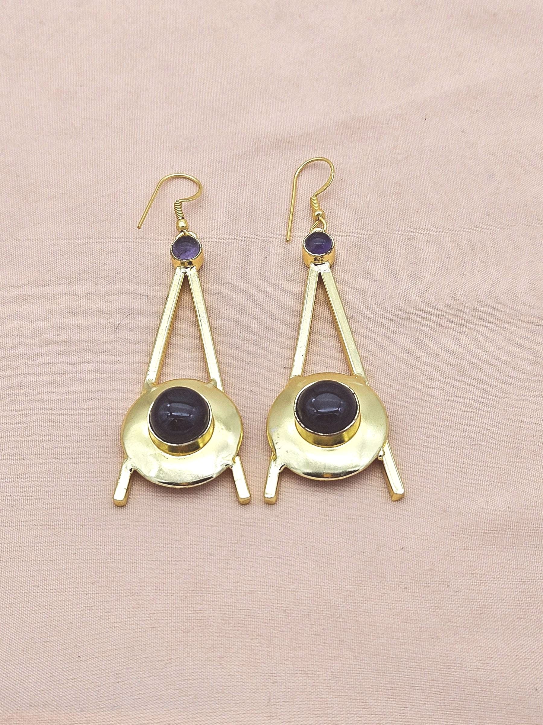 Gold Plated Black Onyx Amethyst Dangle Earrings – Handmade Elegant Designer Jewelry for Women