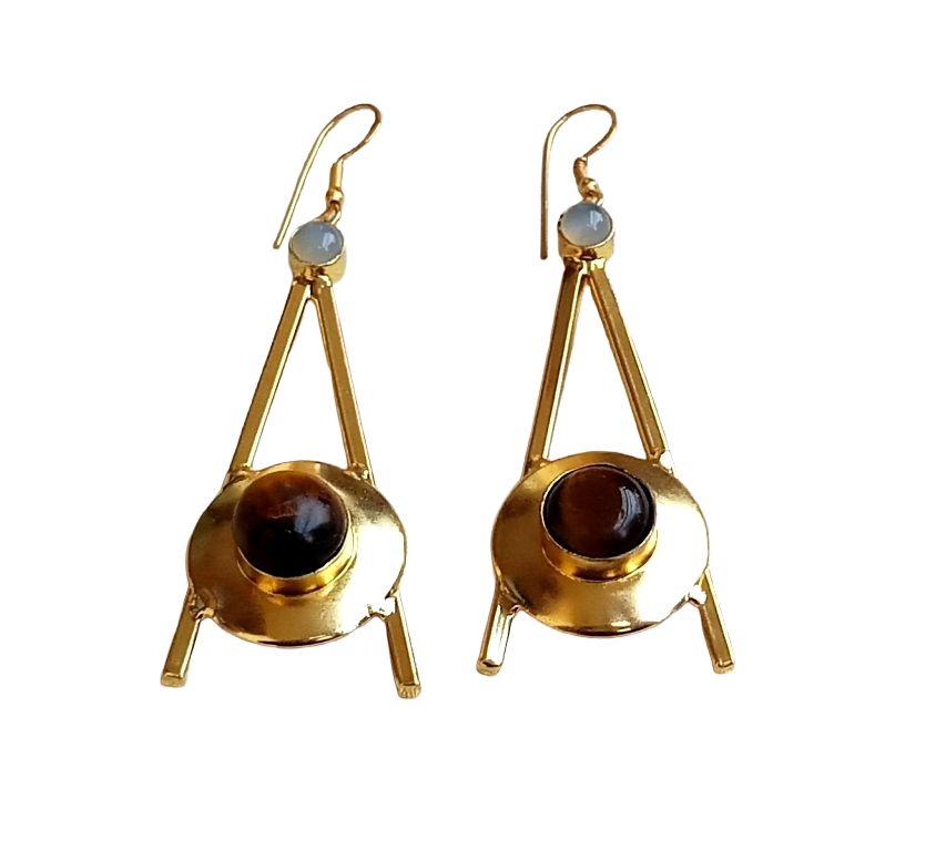 Gold Plated Tiger Eye Chalcedony Dangle Earrings – Handmade Elegant Designer Jewelry for Women