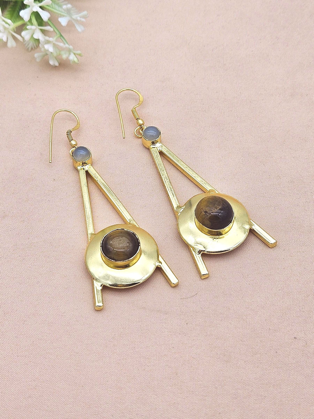 Gold Plated Tiger Eye Chalcedony Dangle Earrings – Handmade Elegant Designer Jewelry for Women