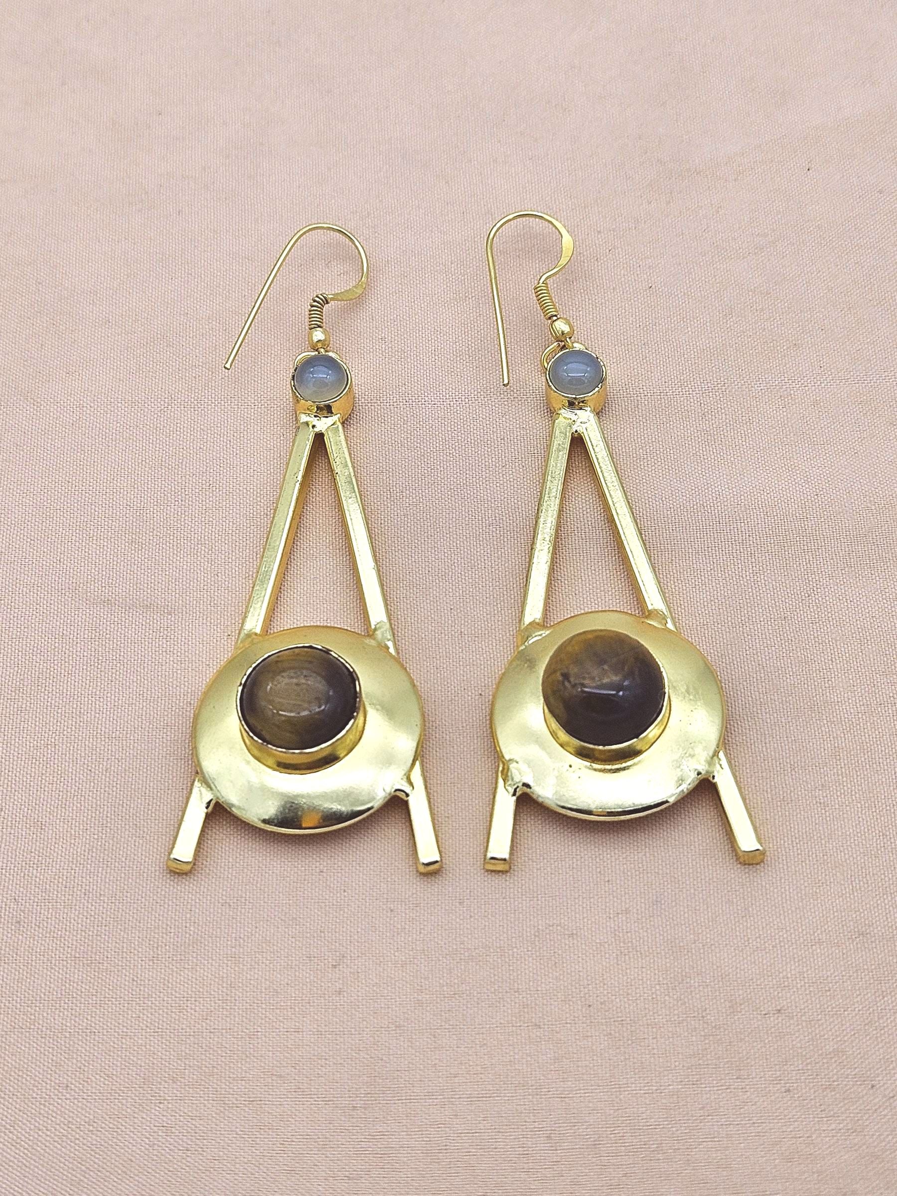 Gold Plated Tiger Eye Chalcedony Dangle Earrings – Handmade Elegant Designer Jewelry for Women