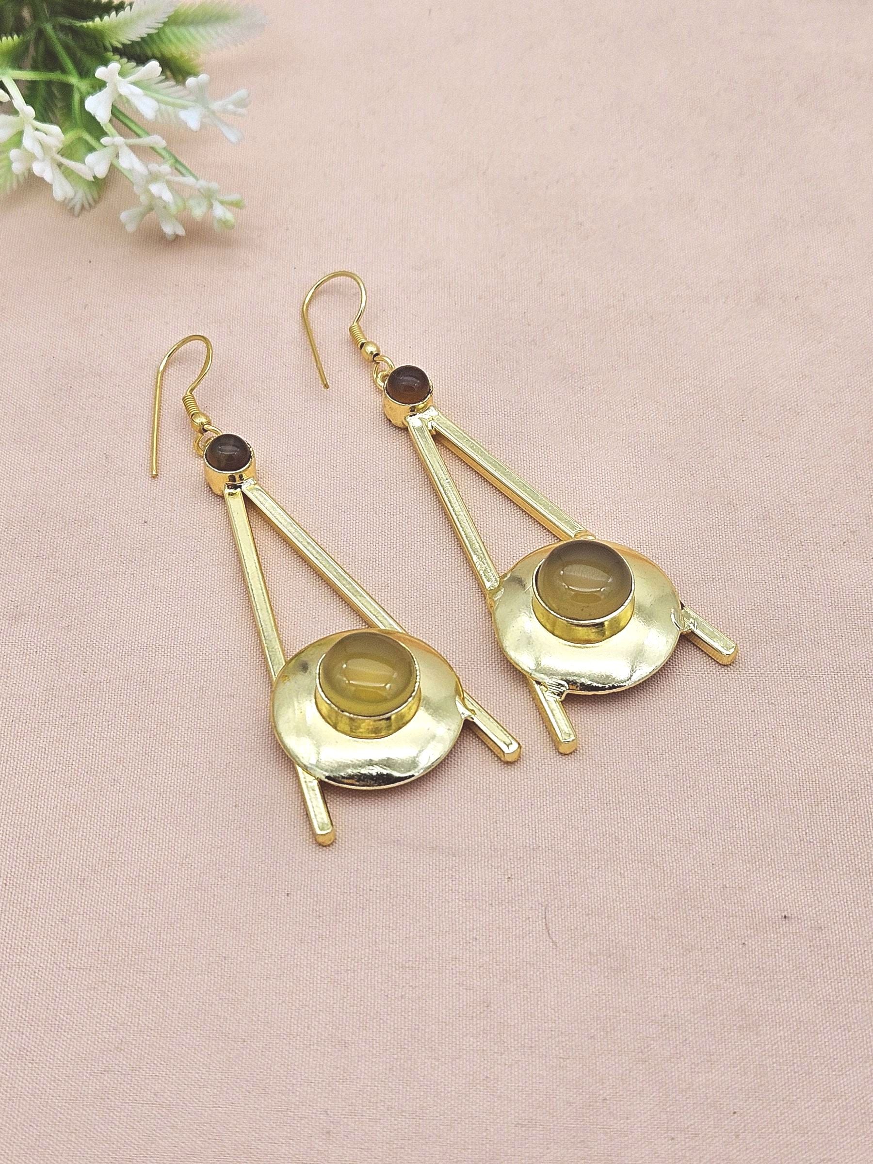 Gold Plated Yellow Chalcedony-Smoky Dangle Earrings – Handmade Elegant Designer Jewelry for Women